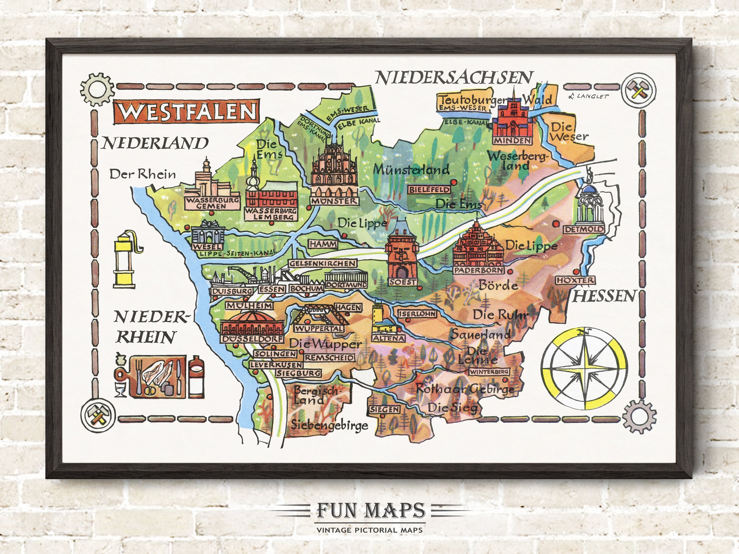 Fun Map of Westphalia in Germany, Deutschland, DE