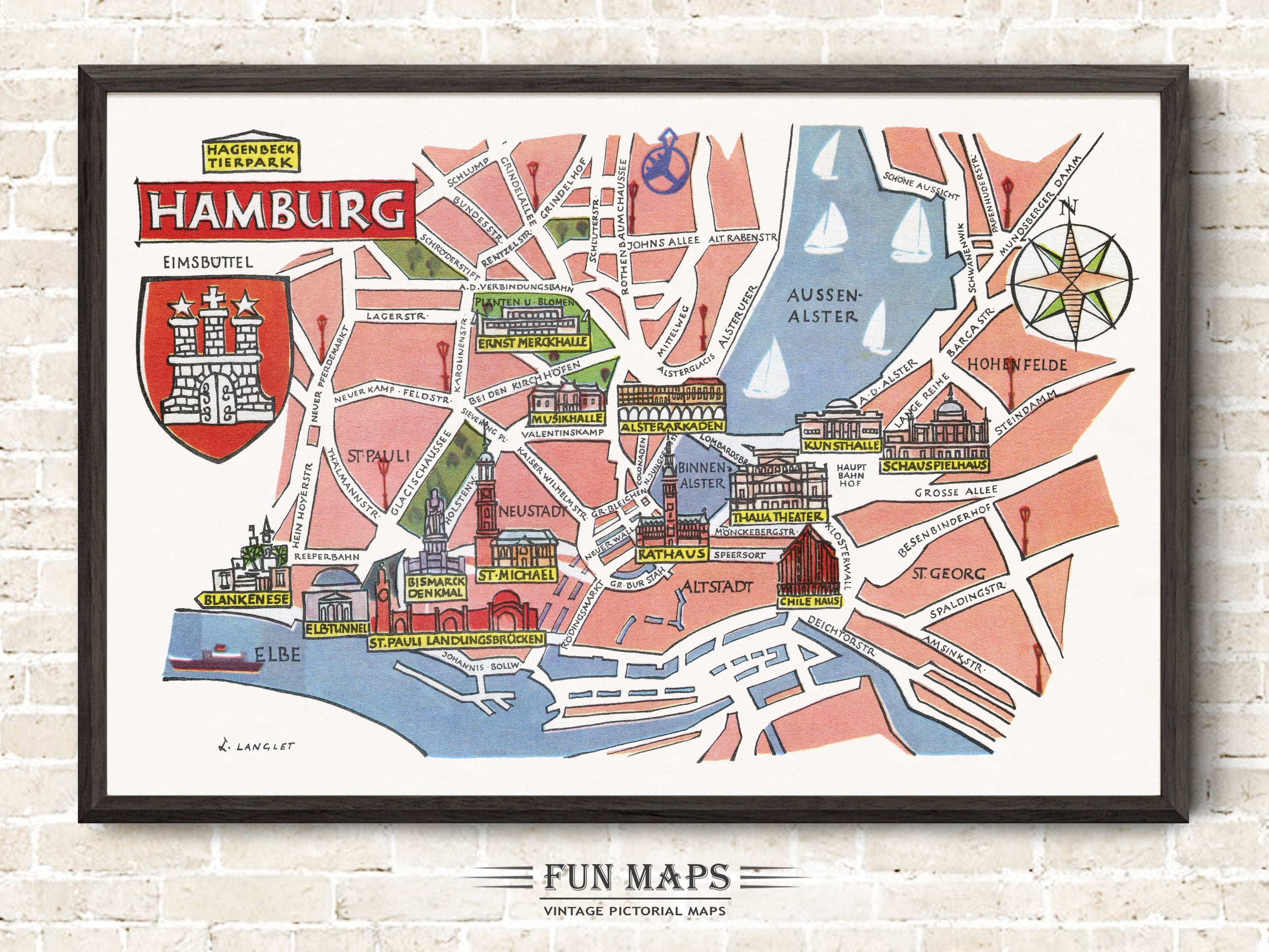 Fun Map of Hamburg in Germany, Deutschland, DE