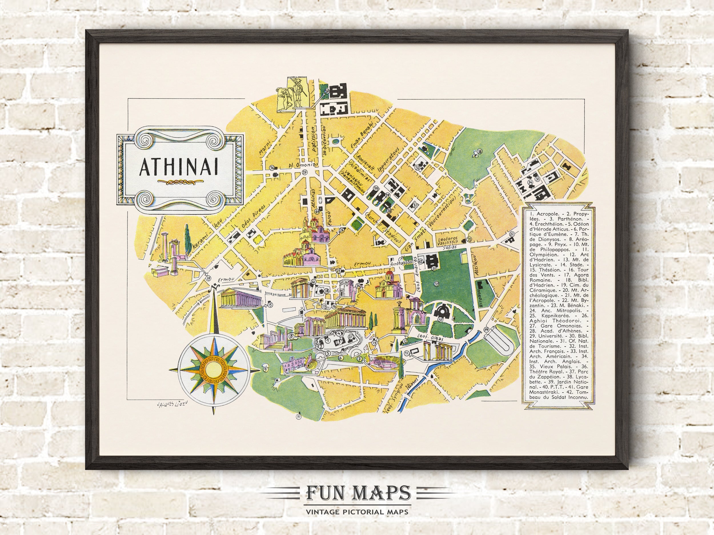 Fun Map of Athens in Greece - Vintage Illustration by Jacques Liozu