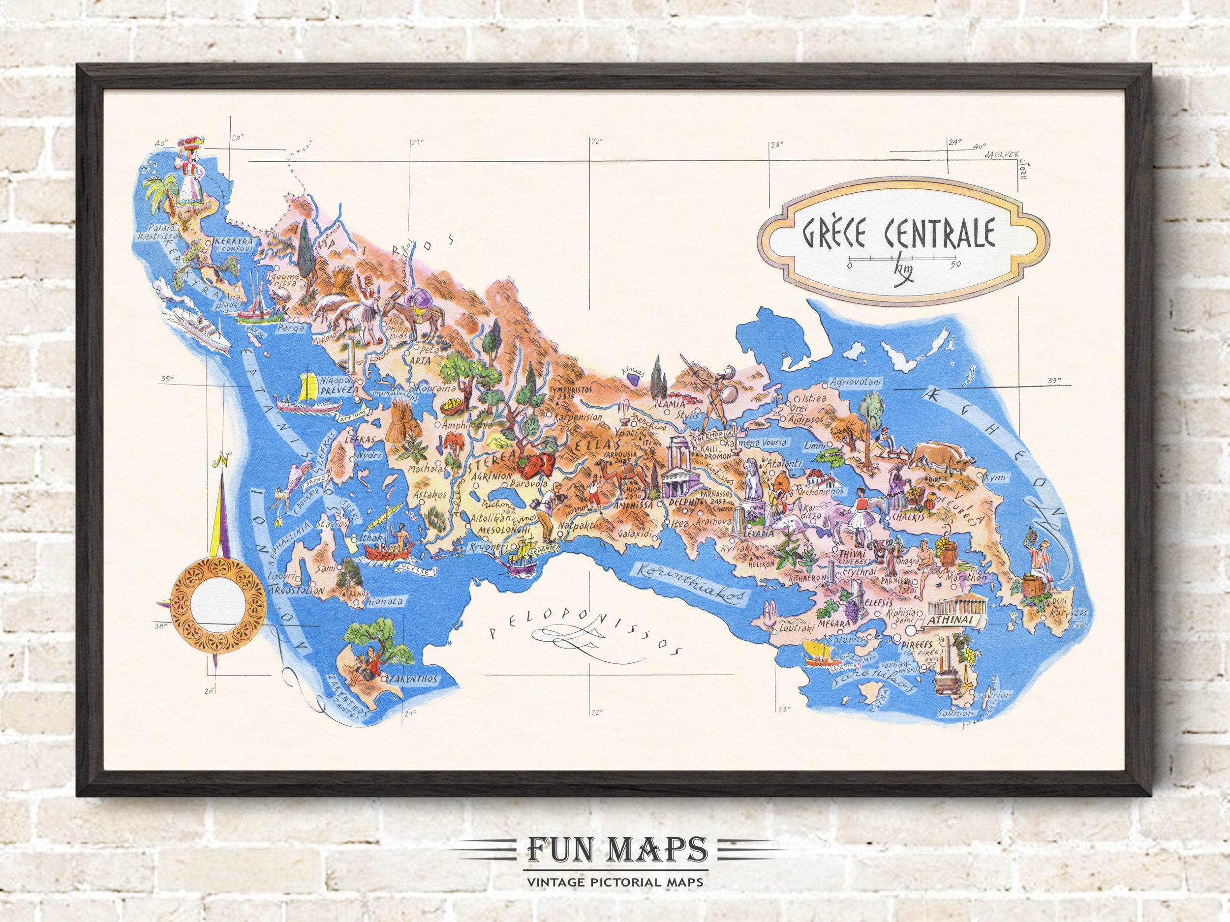 Fun Map of Central Greece - Vintage Illustration by Jacques Liozu