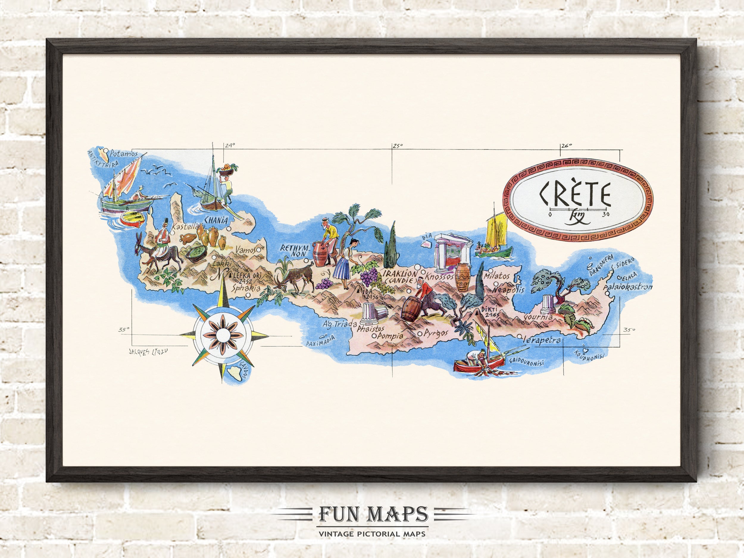 Fun Map of Crete a Greek Island - Vintage Illustration by Jacques Liozu