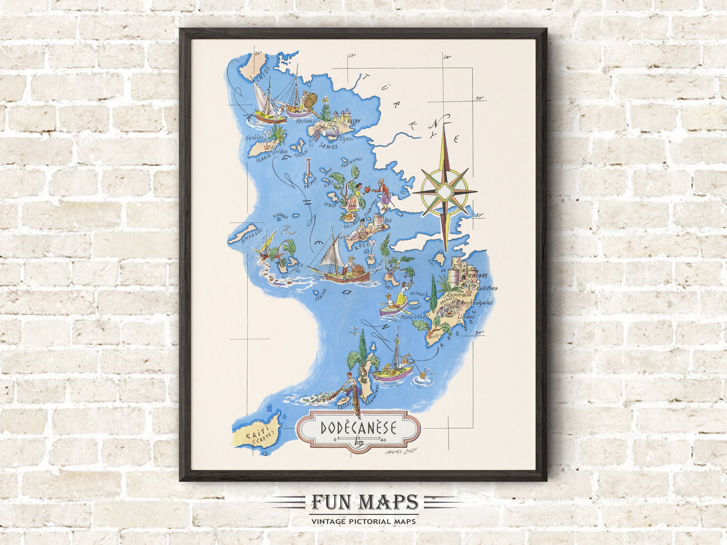 Fun Map of Dodecanese Greek Islands - Vintage Illustration by Jacques Liozu