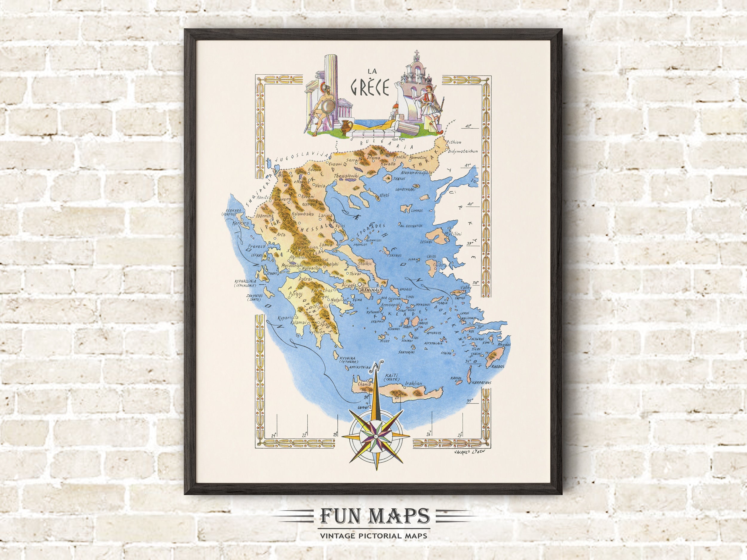 Fun Map of Greece - Vintage Illustration by Jacques Liozu