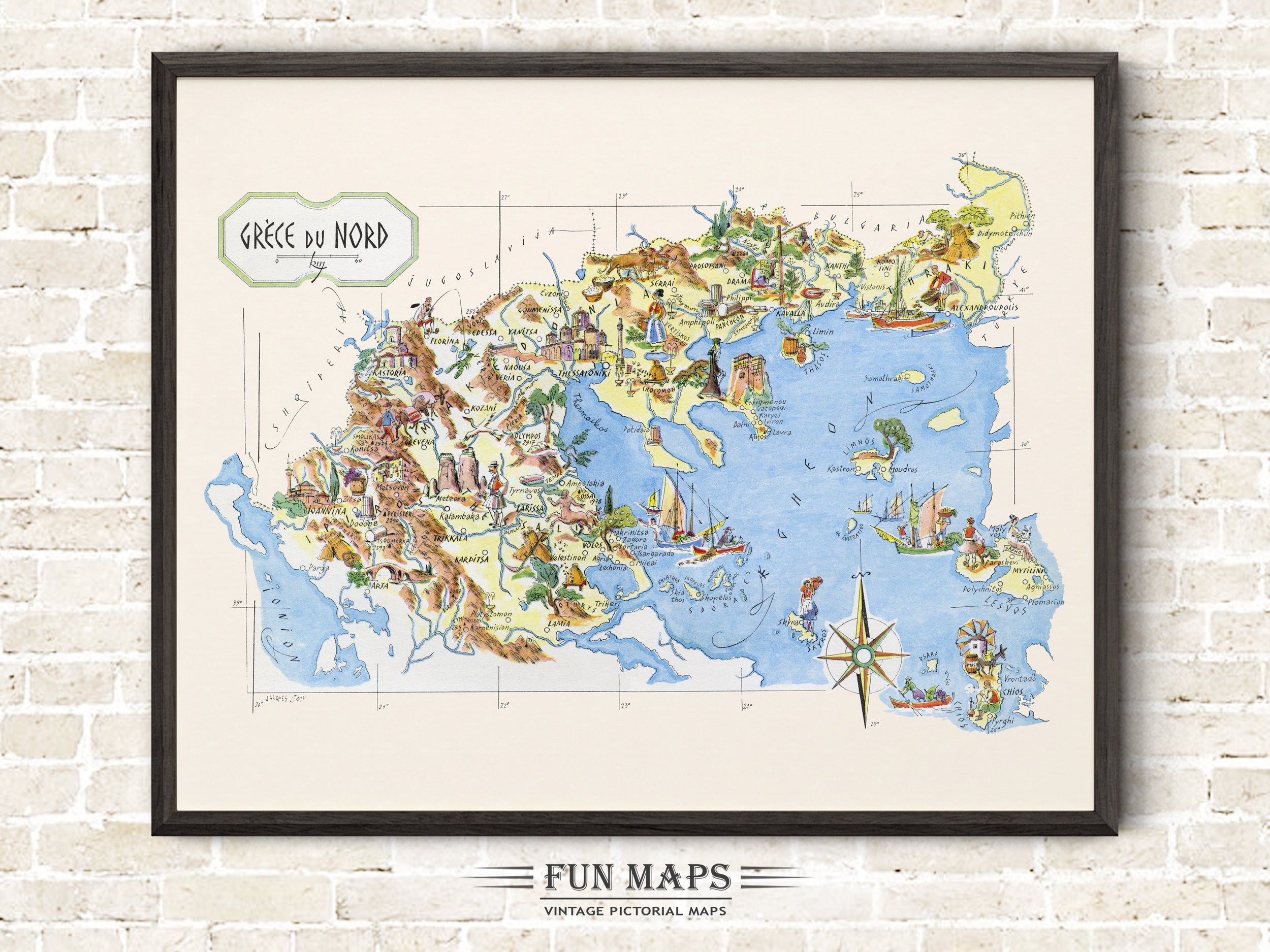 Fun Map of Northern Greece - Vintage Illustration by Jacques Liozu