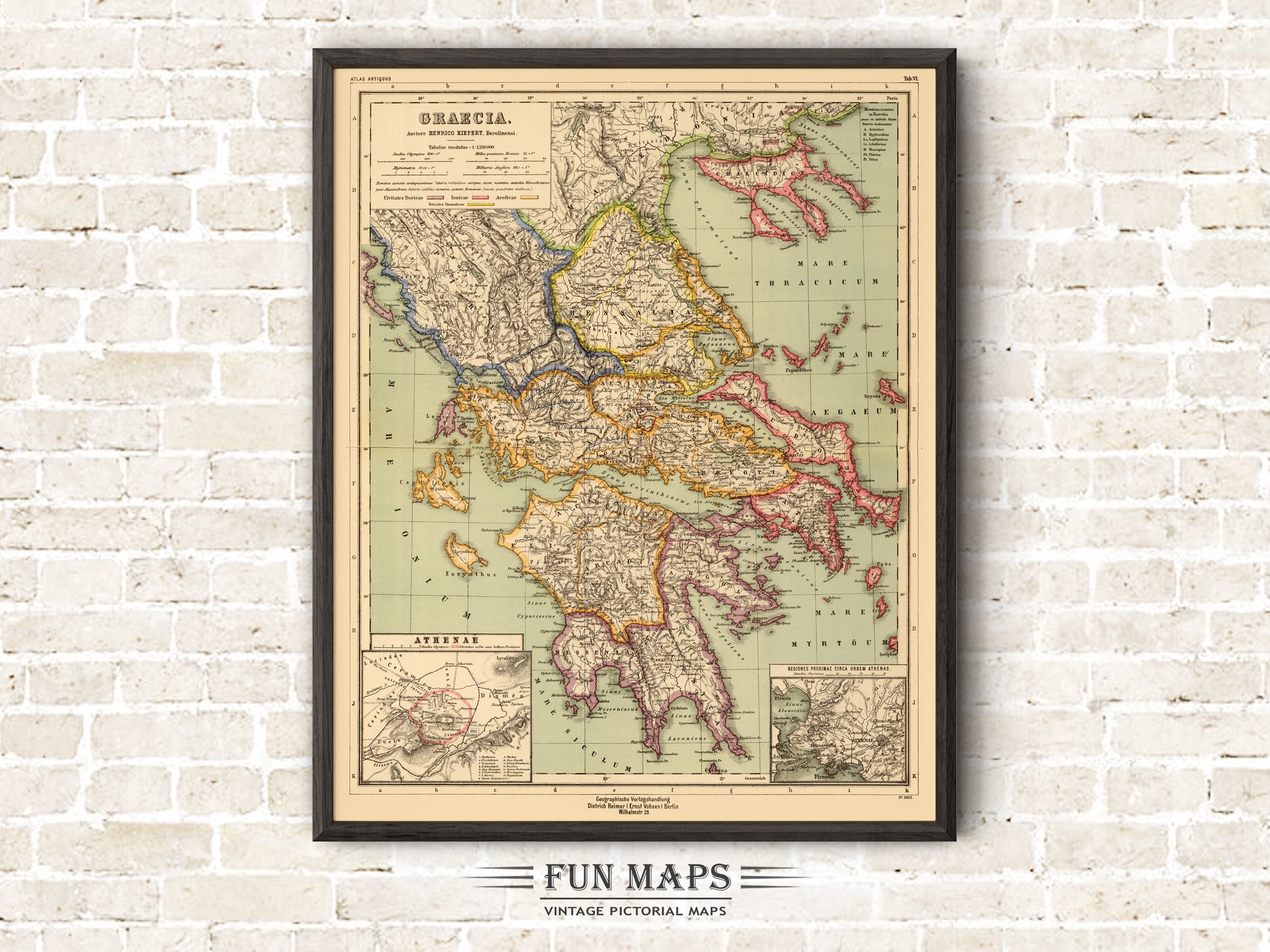 Old Map of Greece - Graecia Elegant Colorful Map of the Greek Islands - Vintage Illustration