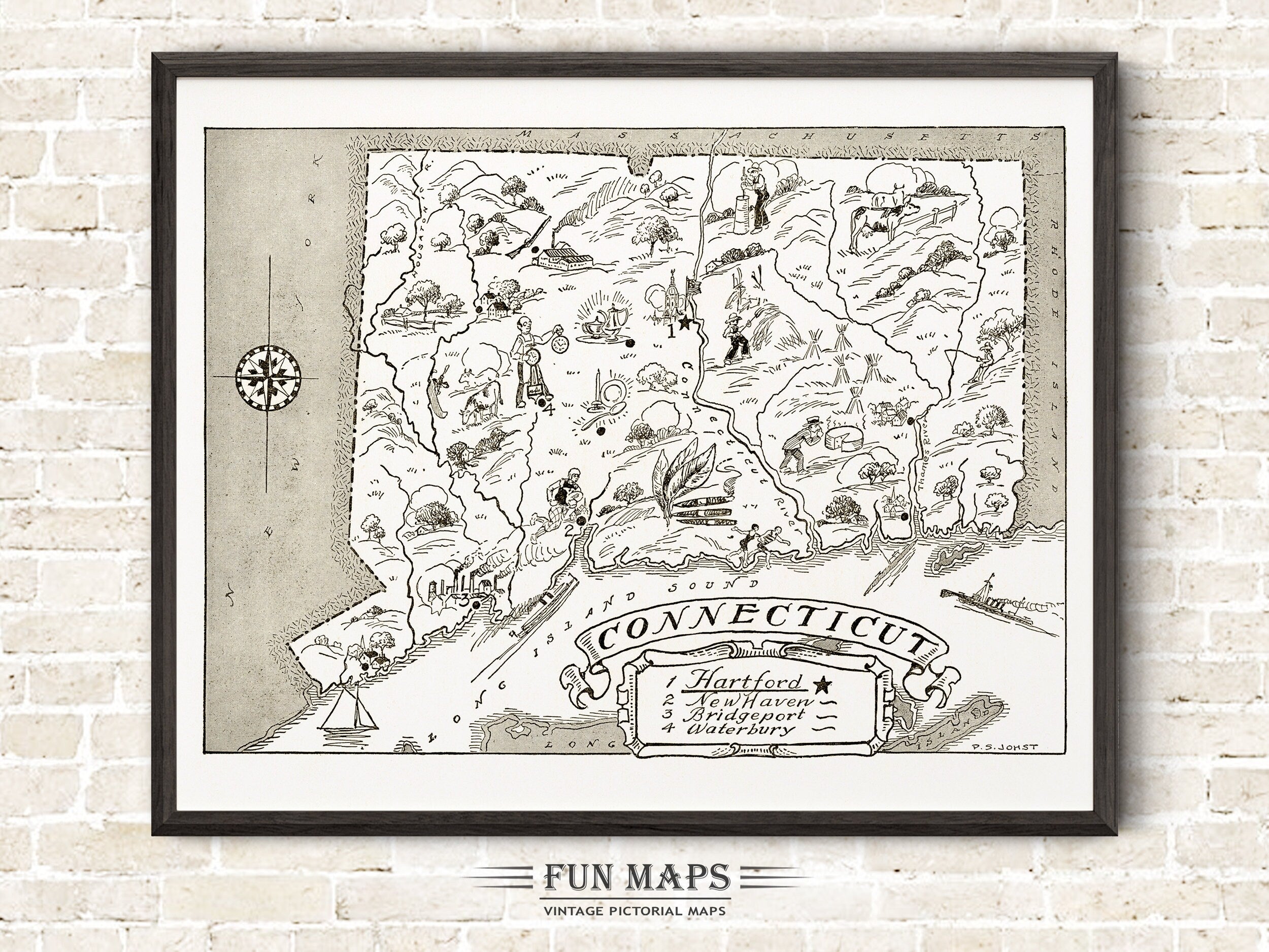 Vintage State Map of Connecticut