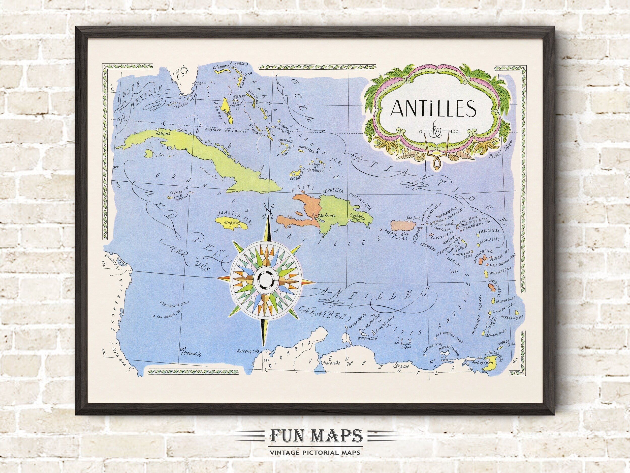 Fun Map of The Antilles in the Caribbean