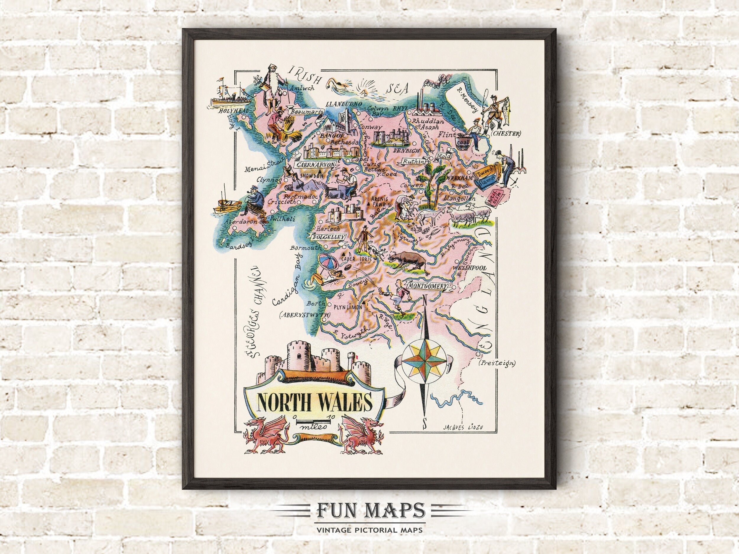 Fun Map of North Wales in Great Britain, England, UK