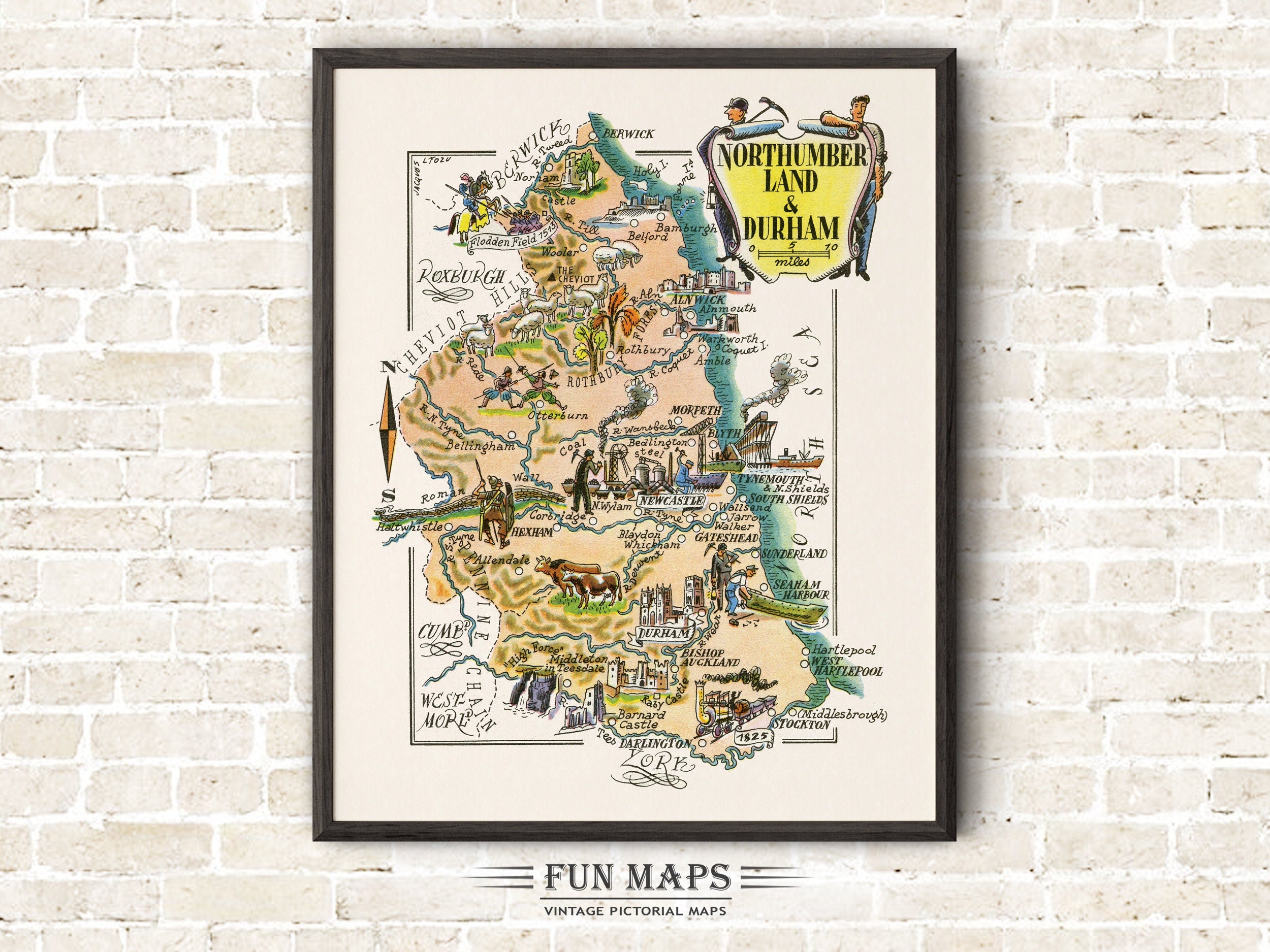 Fun Map of Northumberland & Durham in Great Britain, England, UK