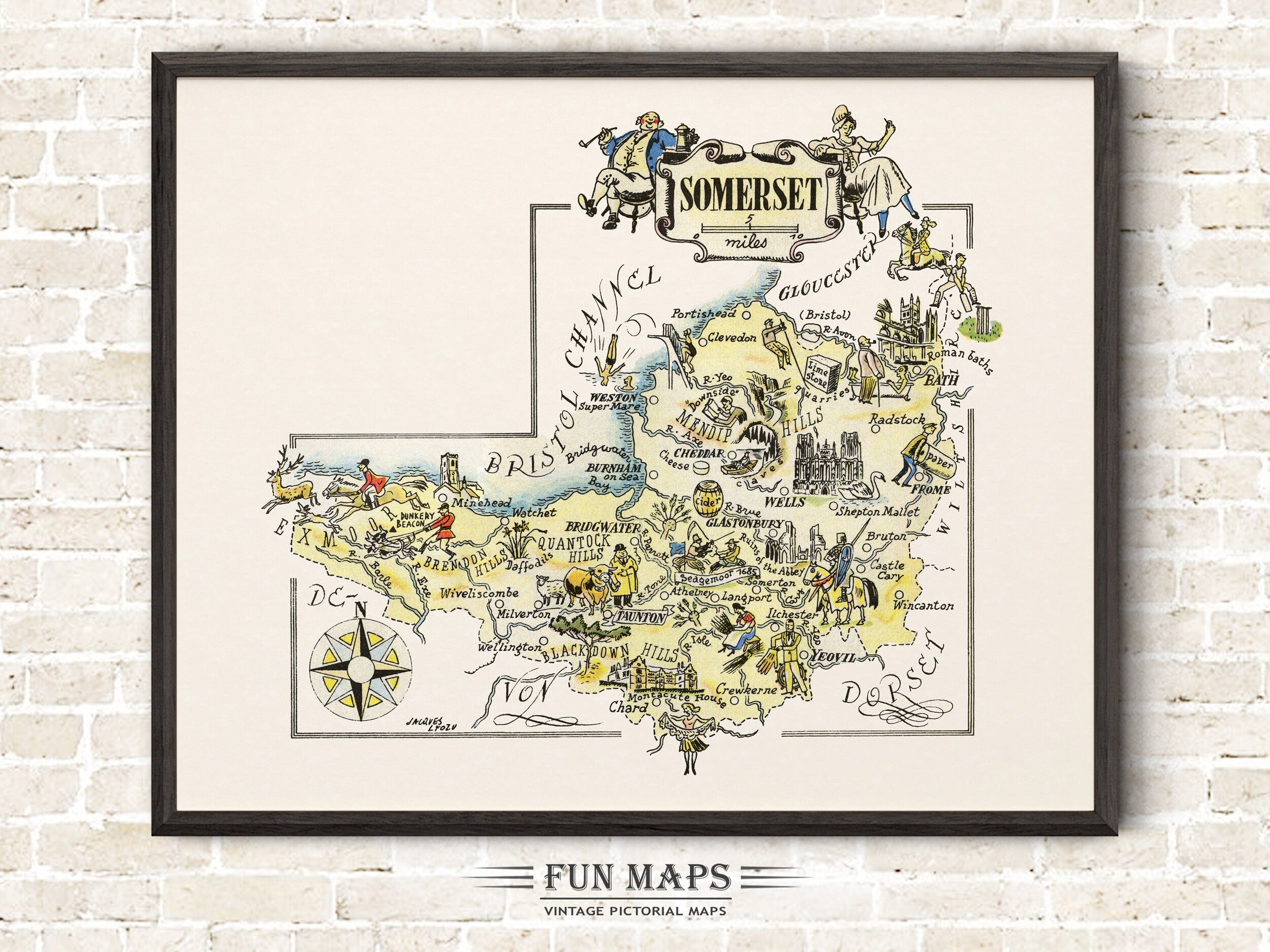 Fun Map of Somerset in Great Britain, England, UK