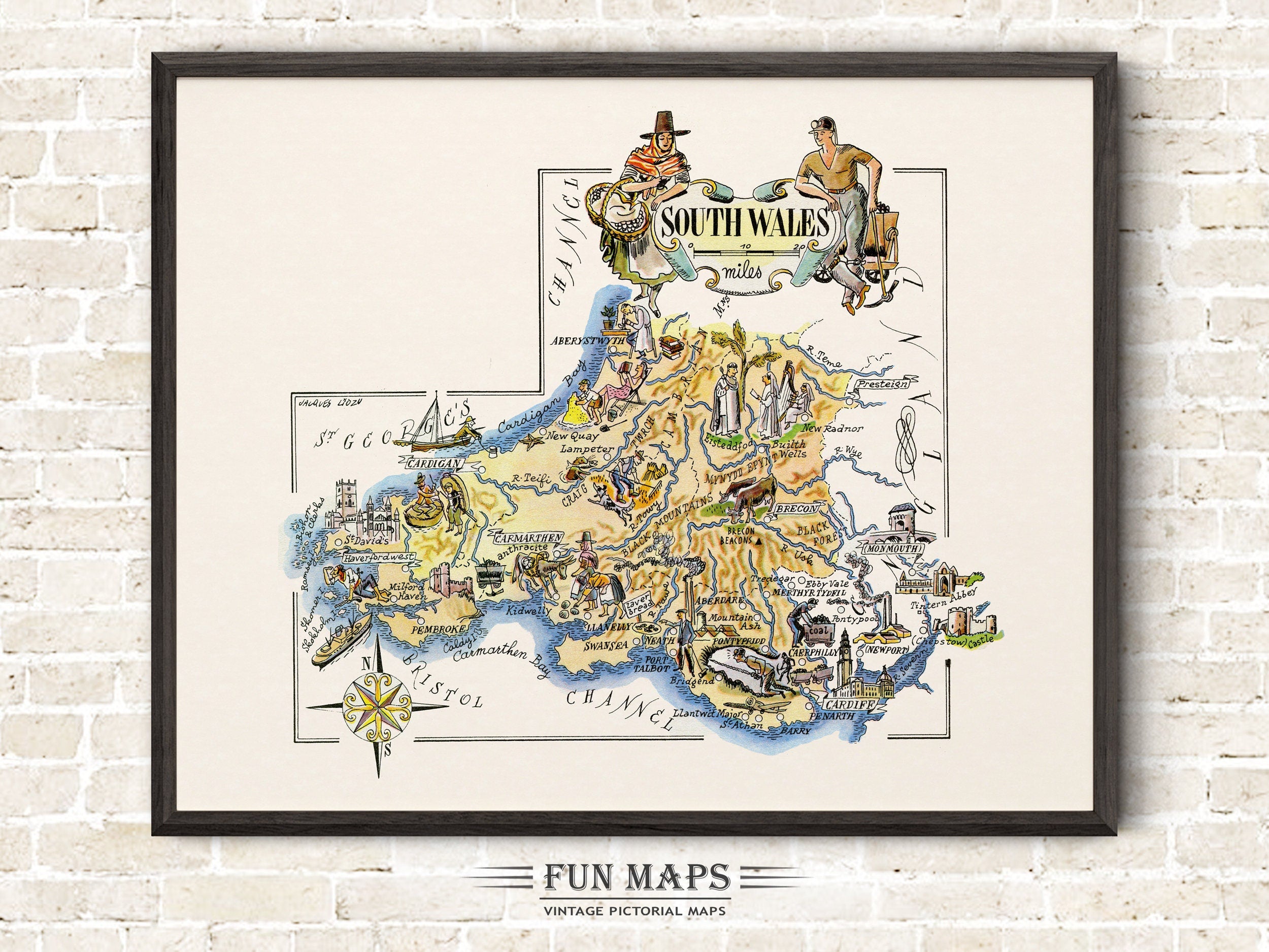 Fun Map of South Wales in Great Britain, England, UK