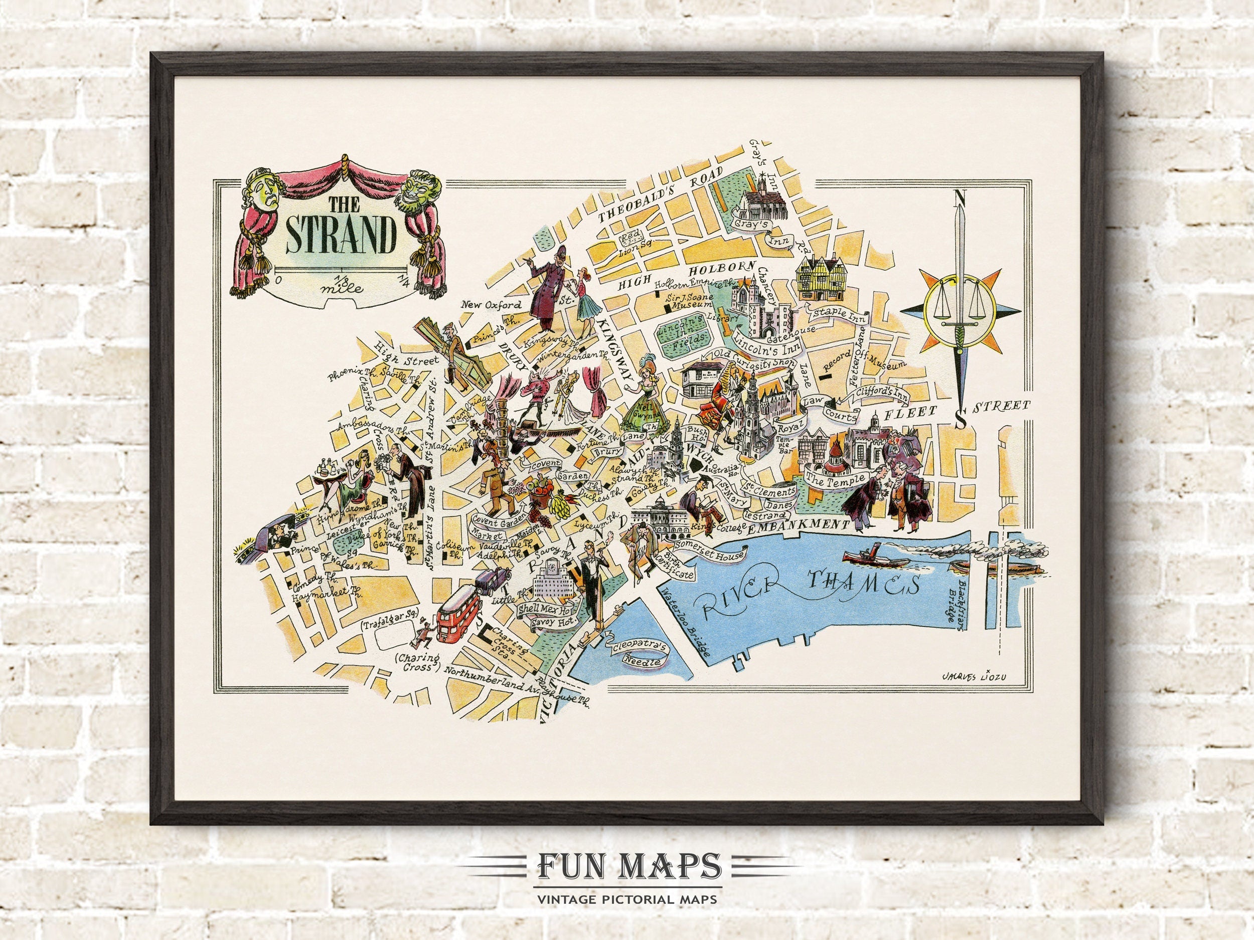 Fun Map of The Strand in Great Britain, England, UK