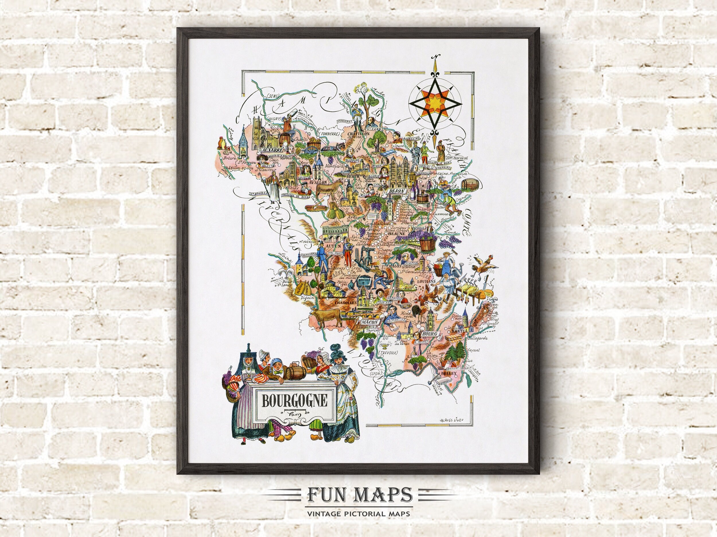 Fun Map of Bourgogne a French Province, France, FR