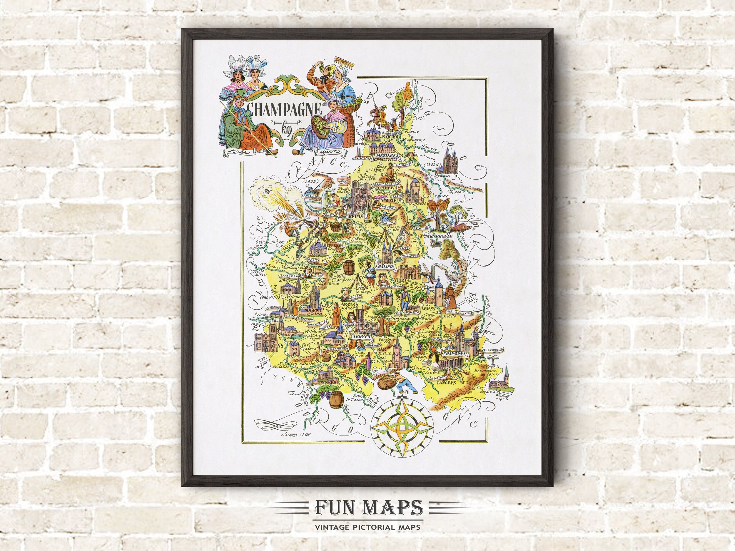 Fun Map of Champagne a French Province, France, FR