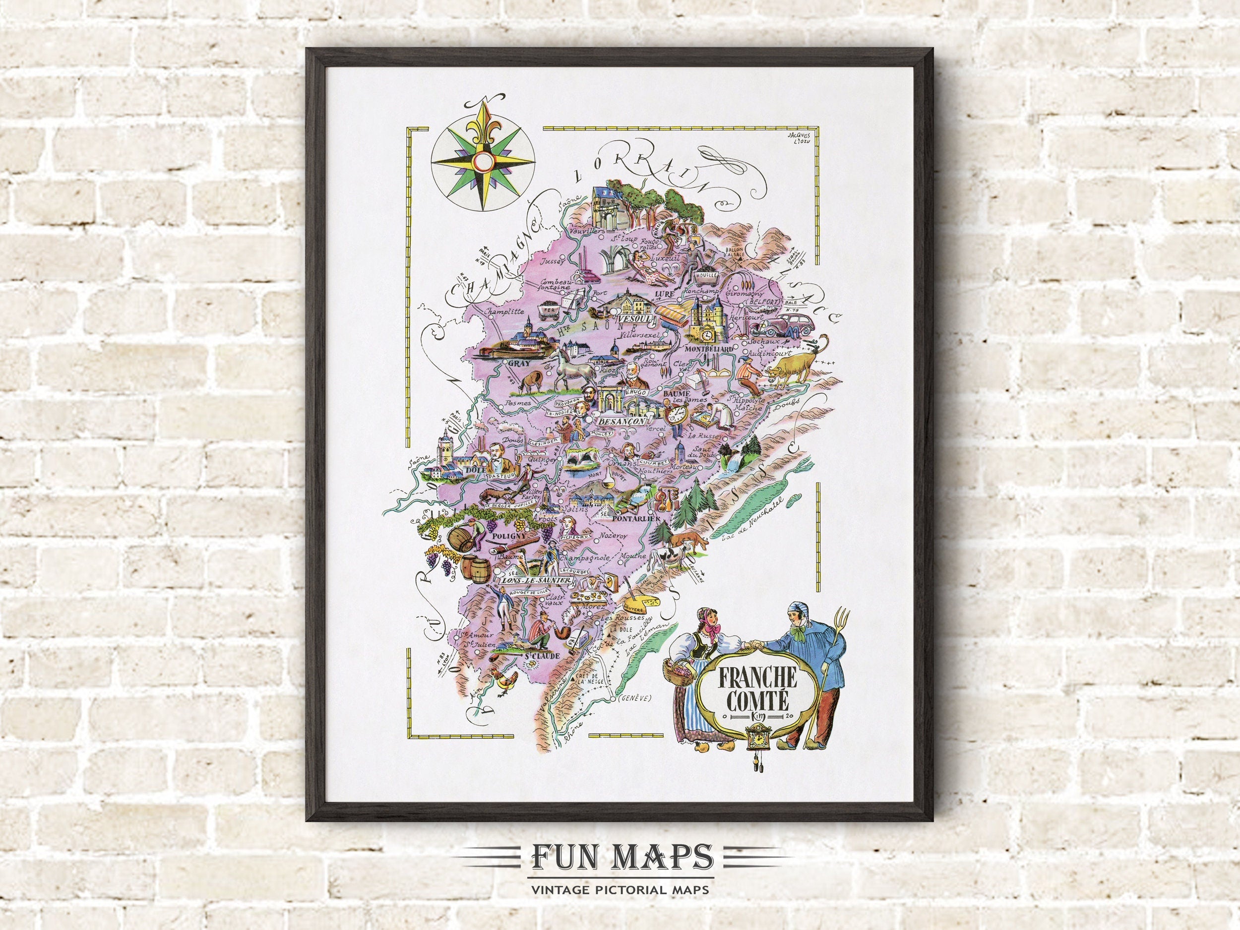 Fun Map of Franche Comte a French Province, France, FR