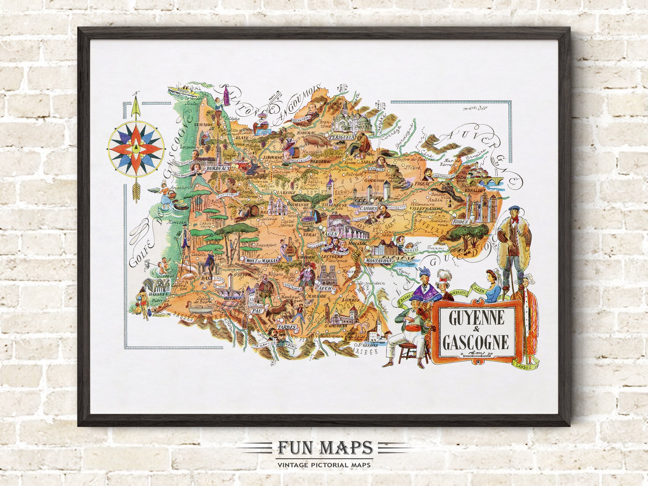 Fun Map of Guyenne & Gascogne a French Province, France, FR