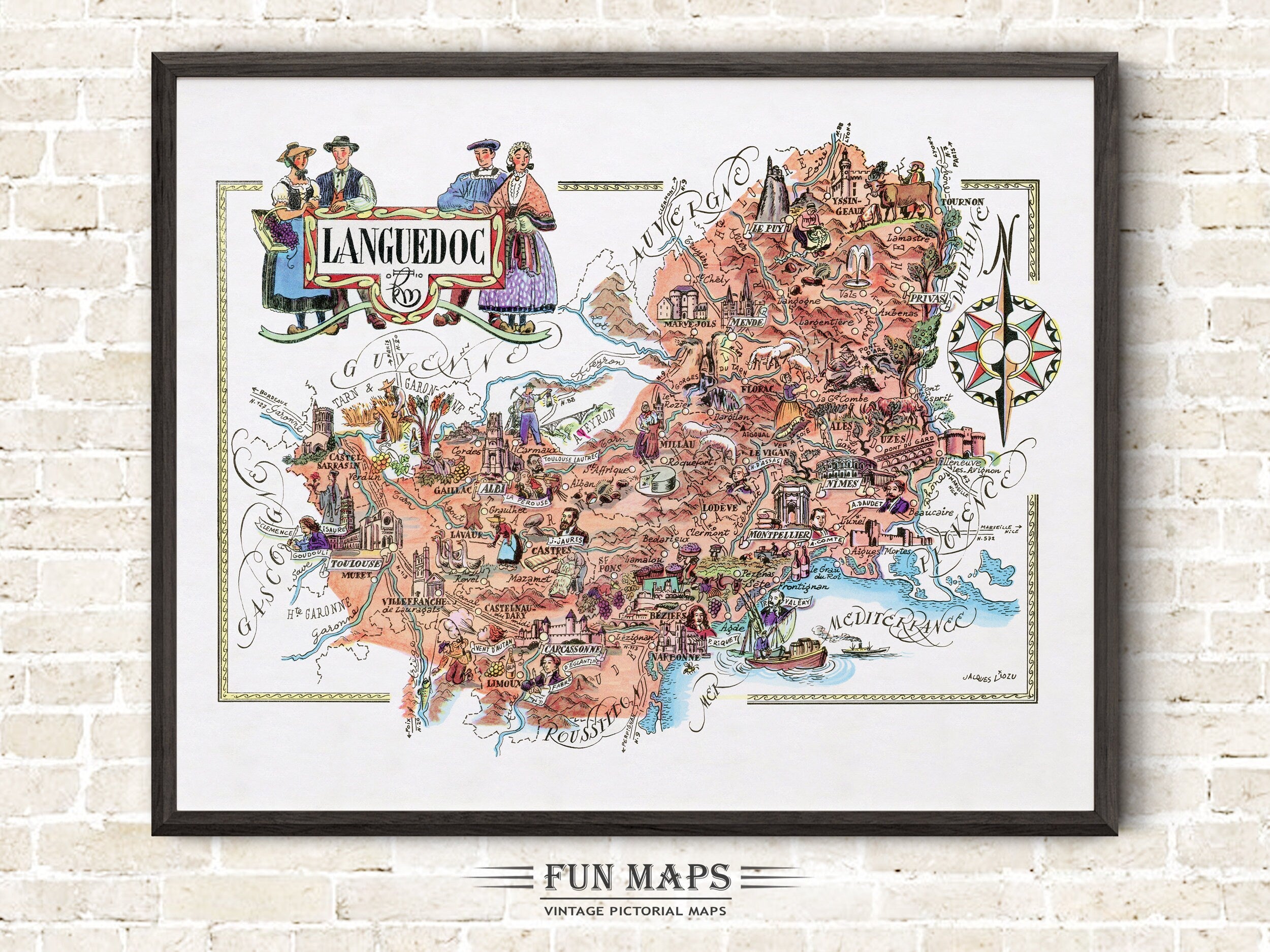 Fun Map of Languedoc a French Province, France, FR