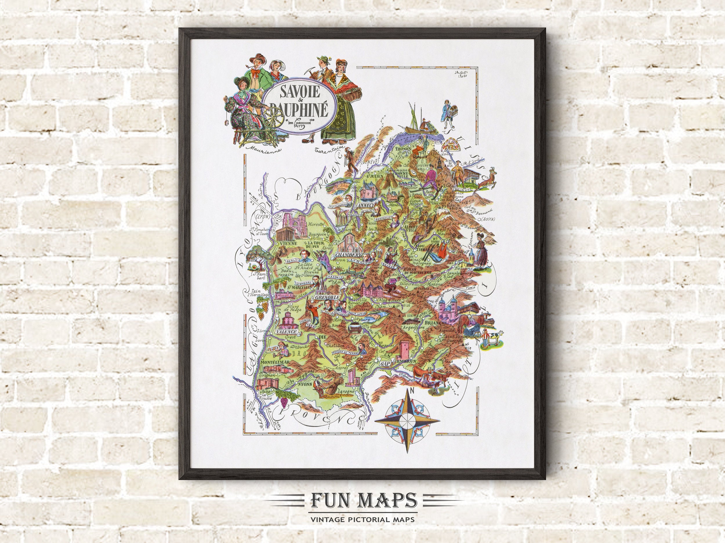 Fun Map of Savoie & Dauphine a French Province, France, FR