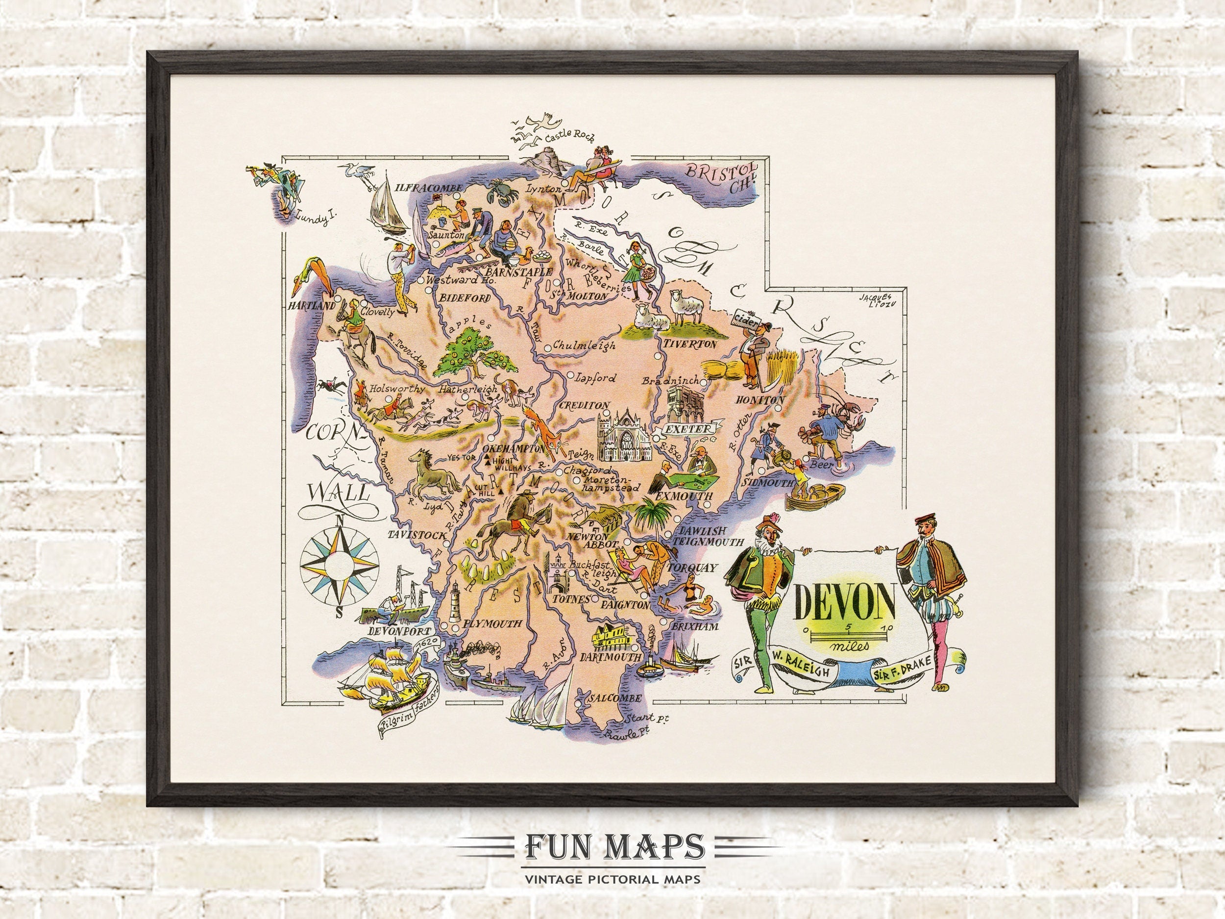 Fun Map of Devon in Great Britain, England, UK