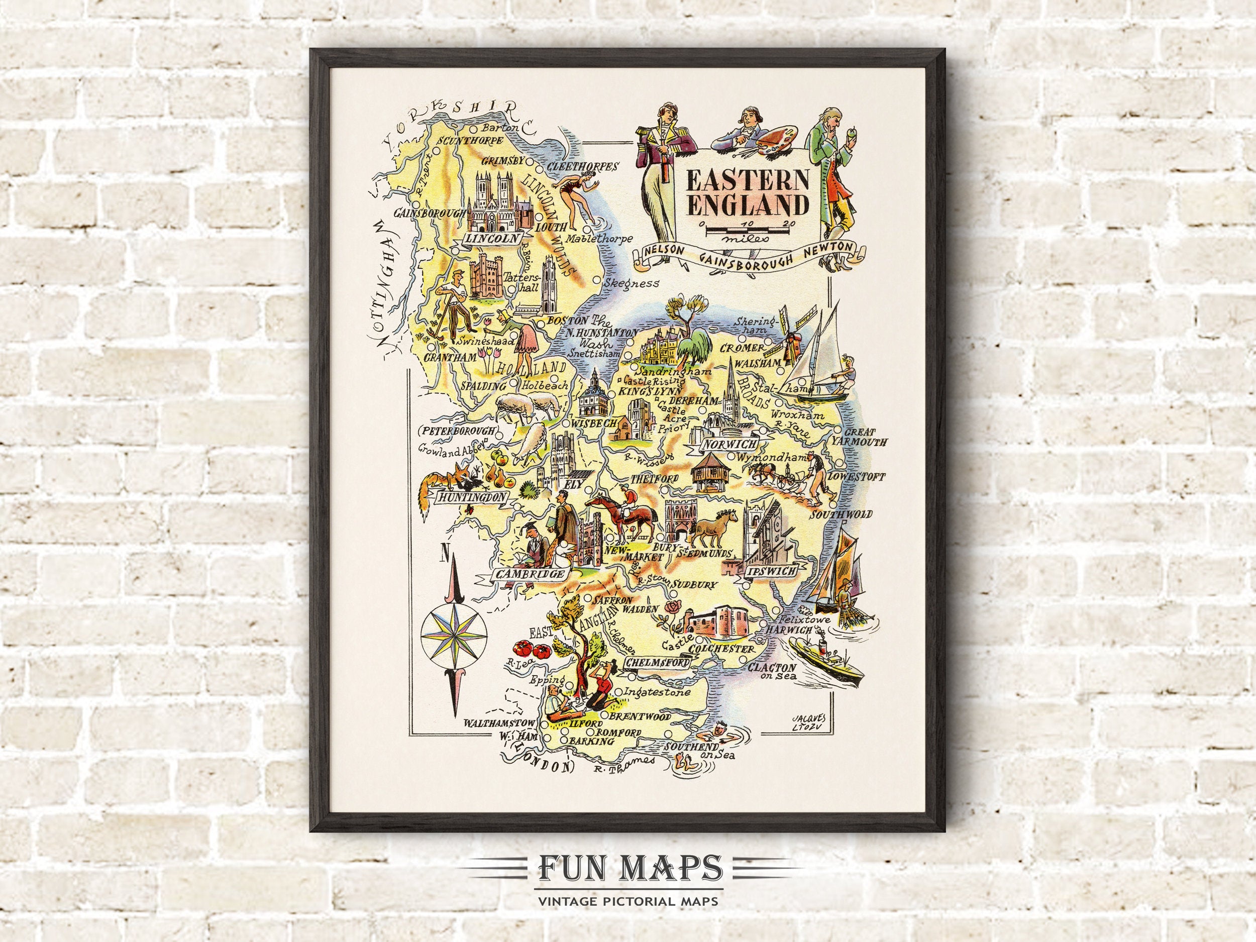 Fun Map of Eastern England in Great Britain, England, UK