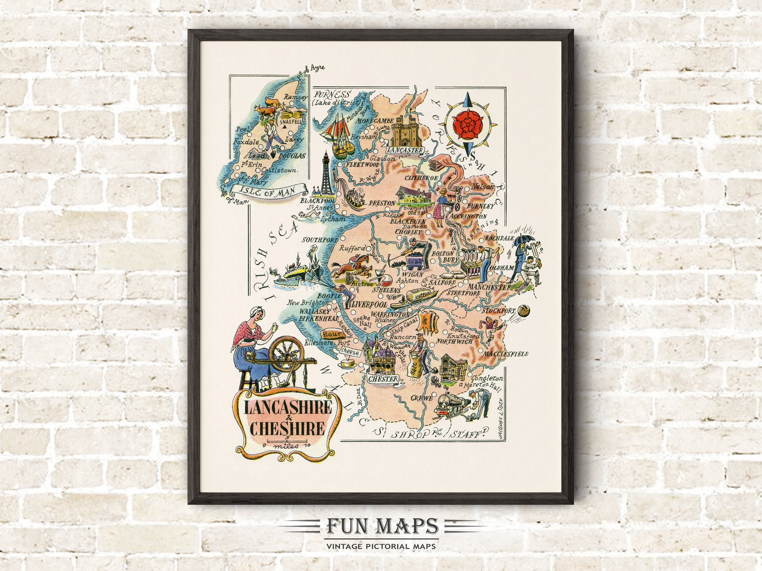 Fun Map of Lancashire & Cheshire in Great Britain, England, UK