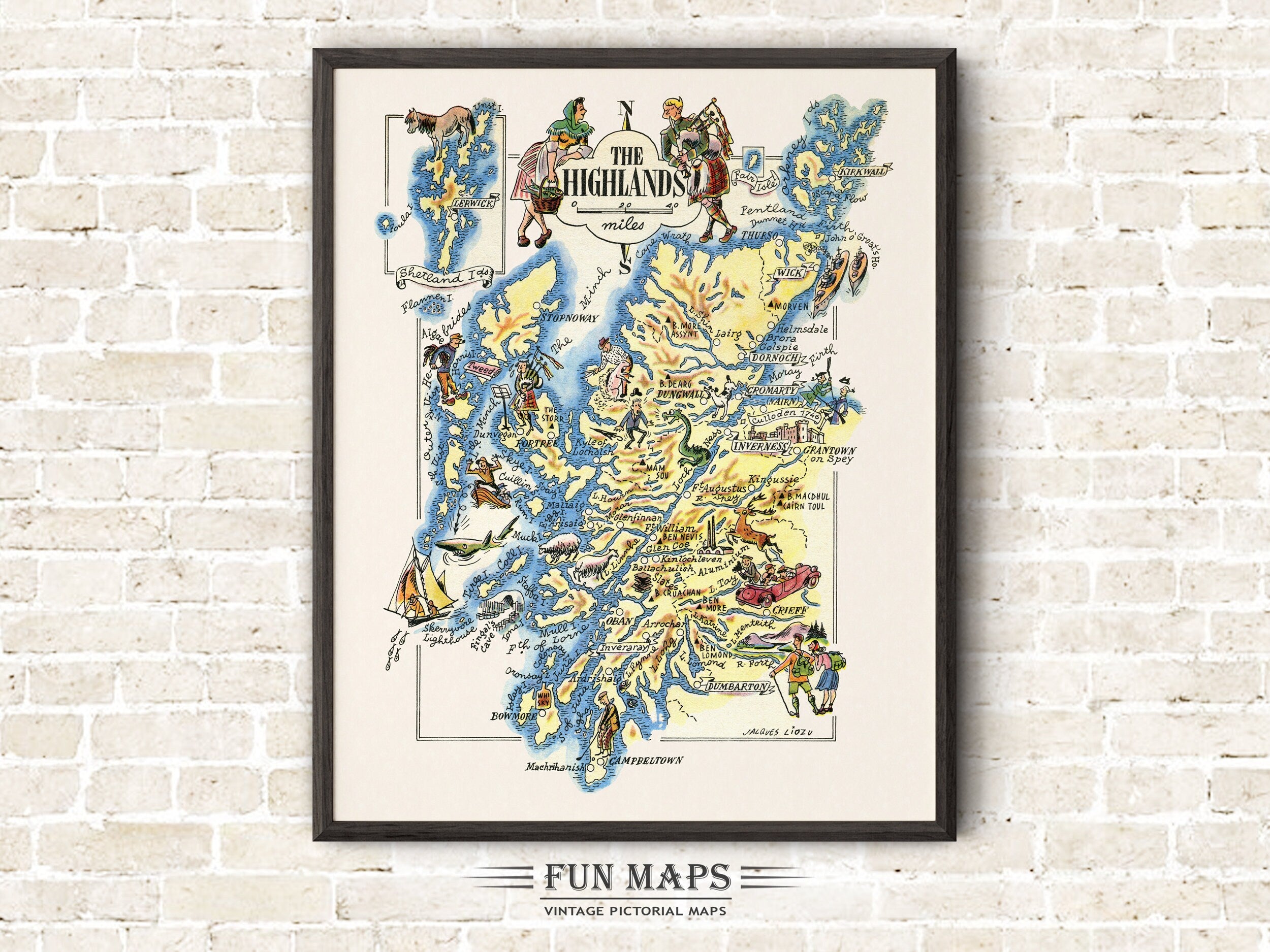 Fun Map of The Highlands in Great Britain, England, UK