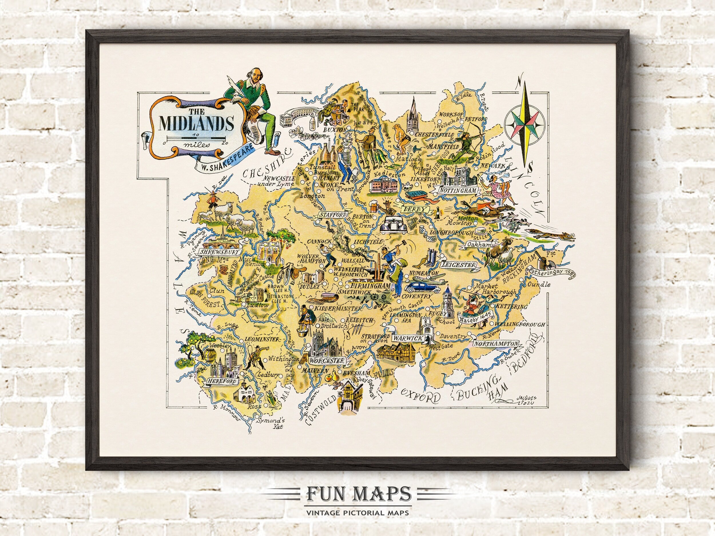 Fun Map of The Midlands in Great Britain, England, UK