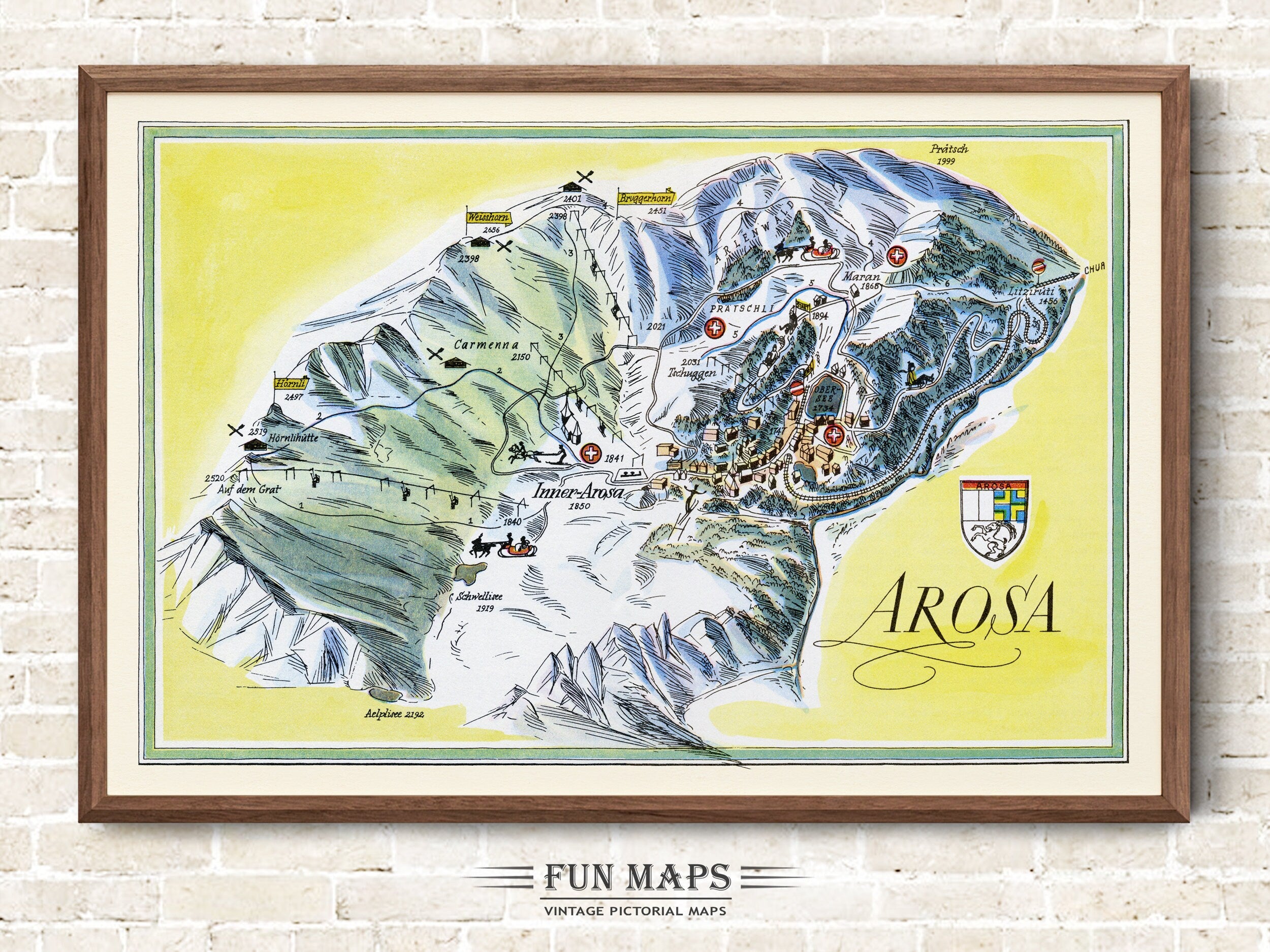 Fun Ski Run Trail Map of Arosa in the Swiss Alps, Switzerland