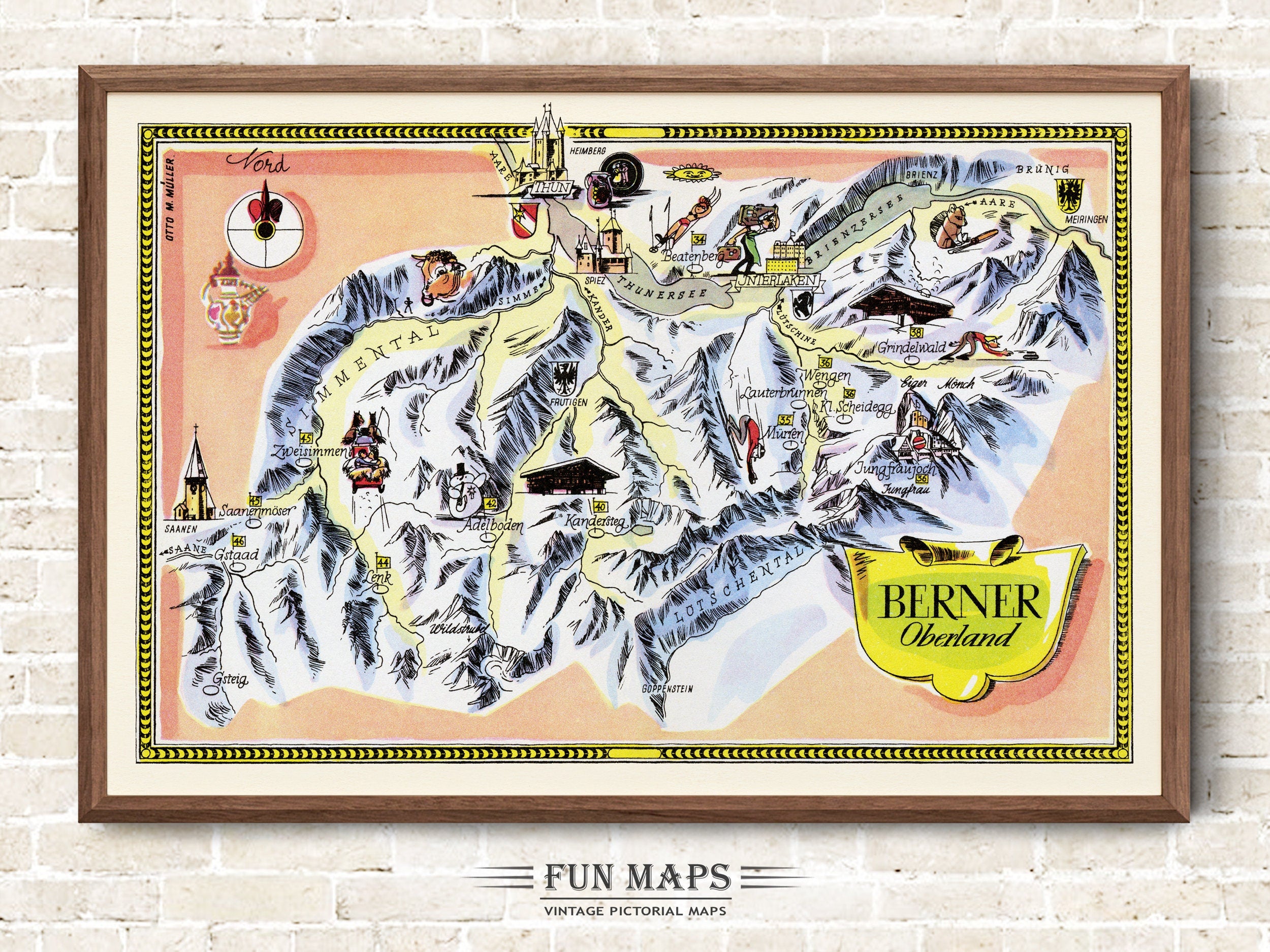 Fun Ski Run Trail Map of Berner Oberland in the Swiss Alps, Switzerland