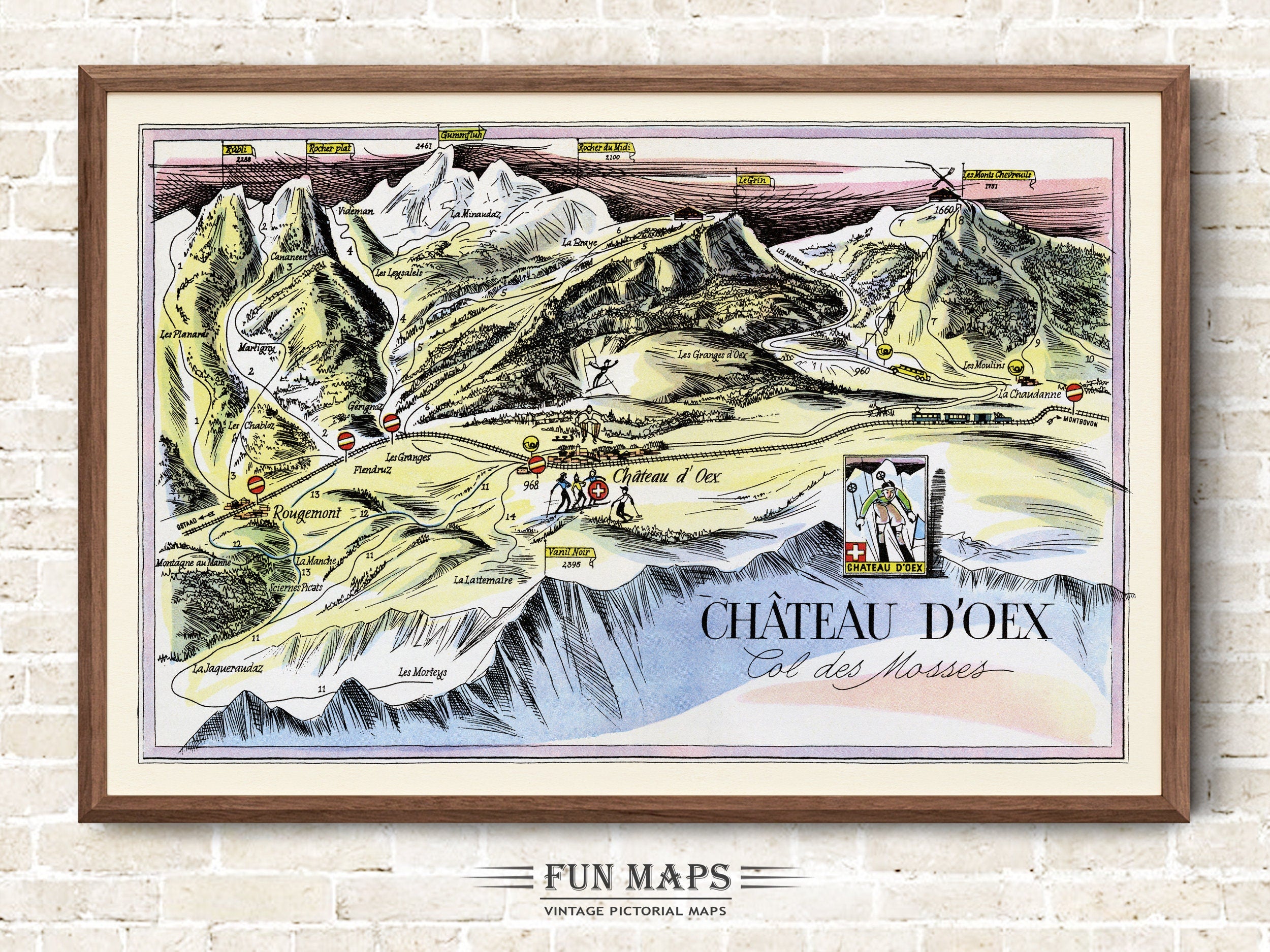 瑞士阿尔卑斯山 Chateau Doex 趣味滑雪道地图，复古 1940 年代画报卡通印刷插图，墙壁艺术装饰