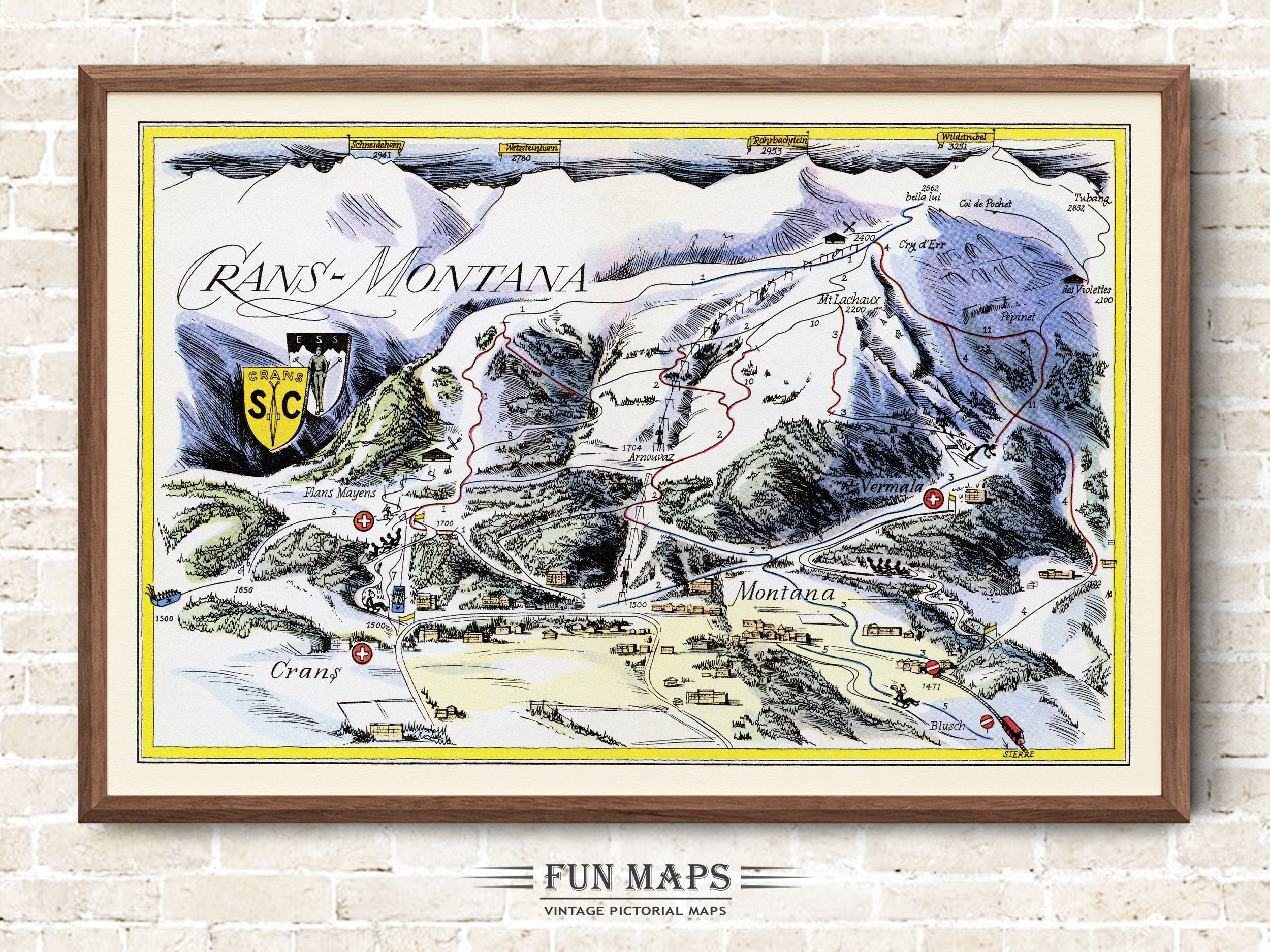 Fun Ski Run Trail Map of Crans - Montana in the Swiss Alps, Switzerland