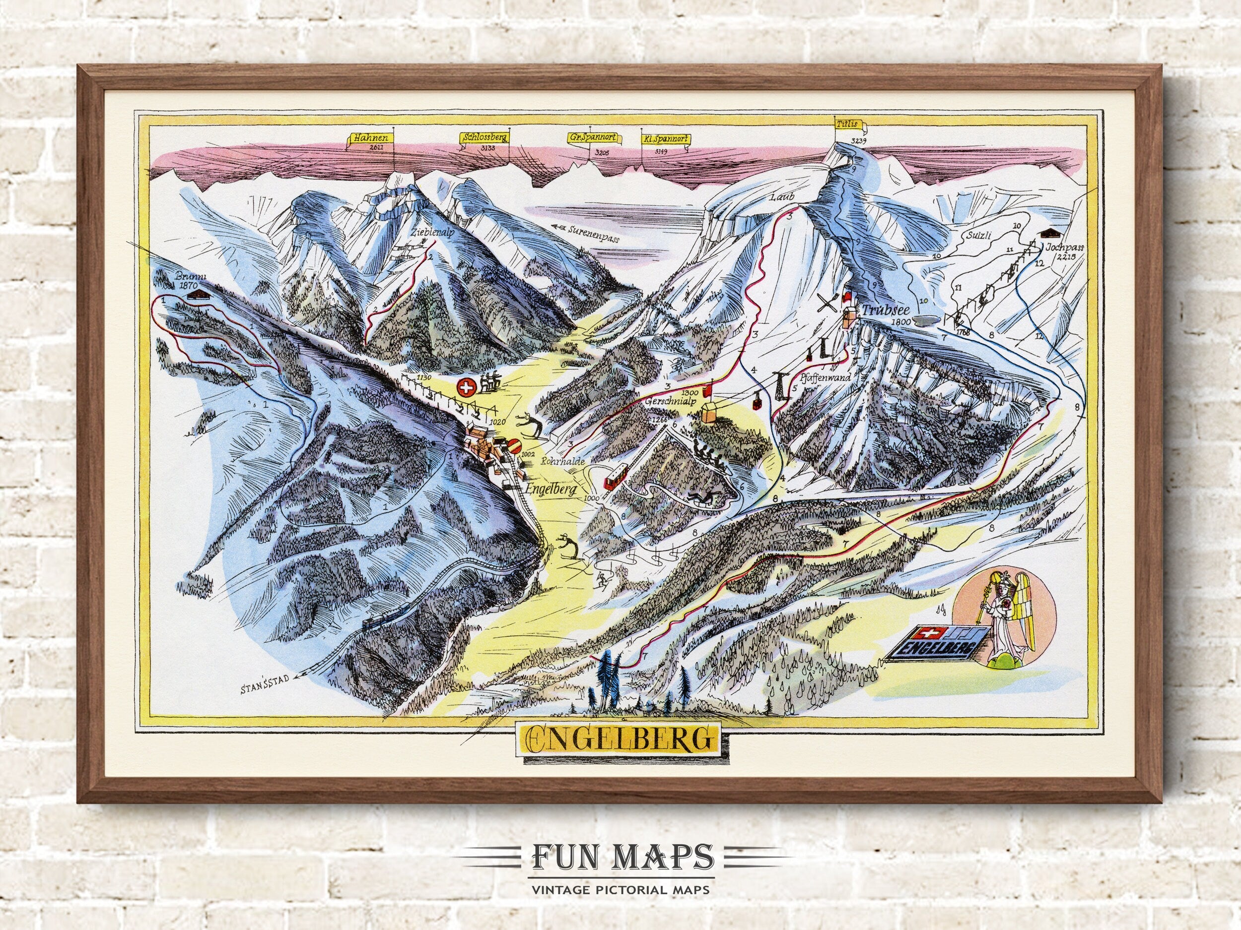 Fun Ski Run Trail Map of Engelberg in the Swiss Alps, Switzerland