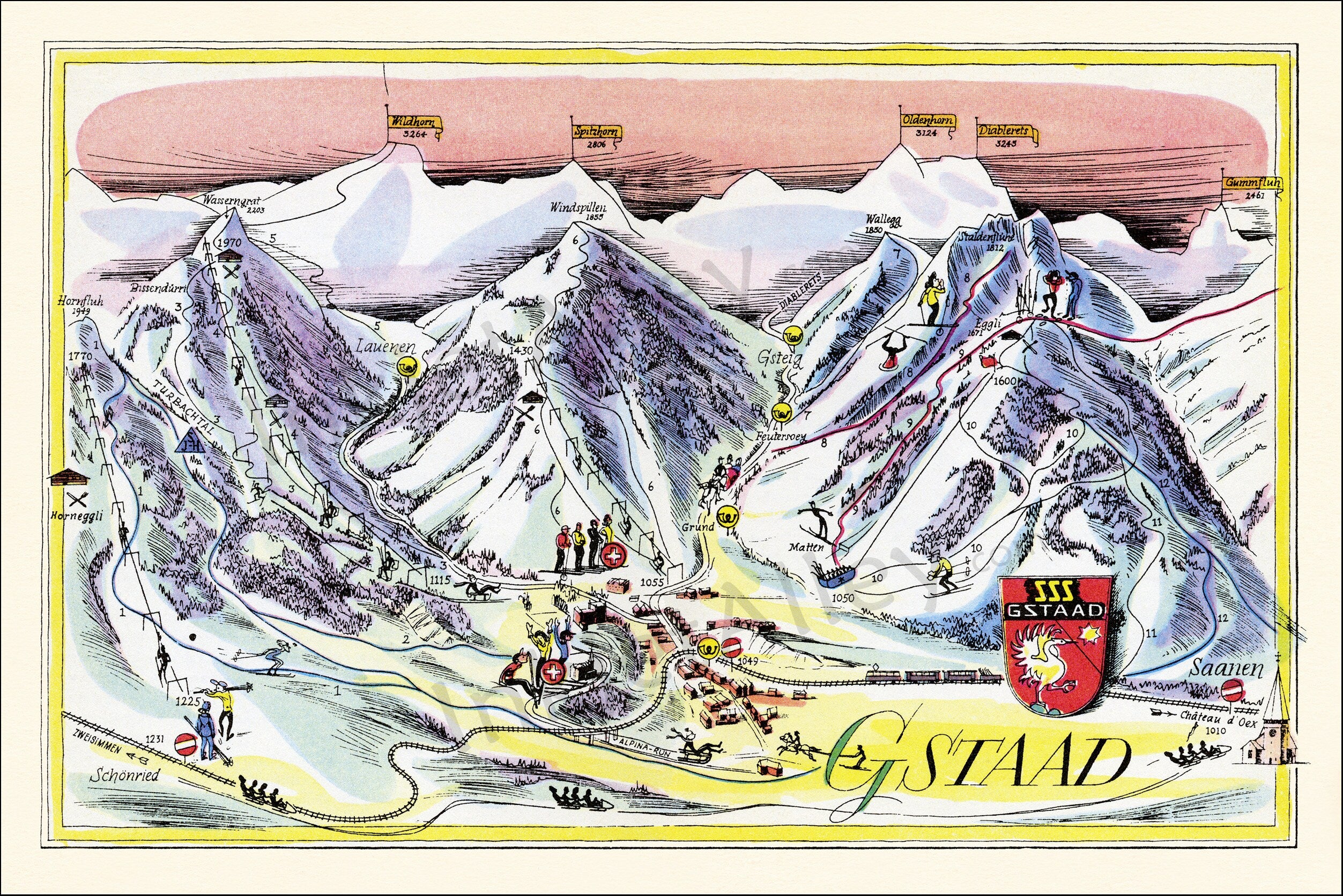 Fun Ski Run Trail Map of Gstaad in the Swiss Alps, Switzerland