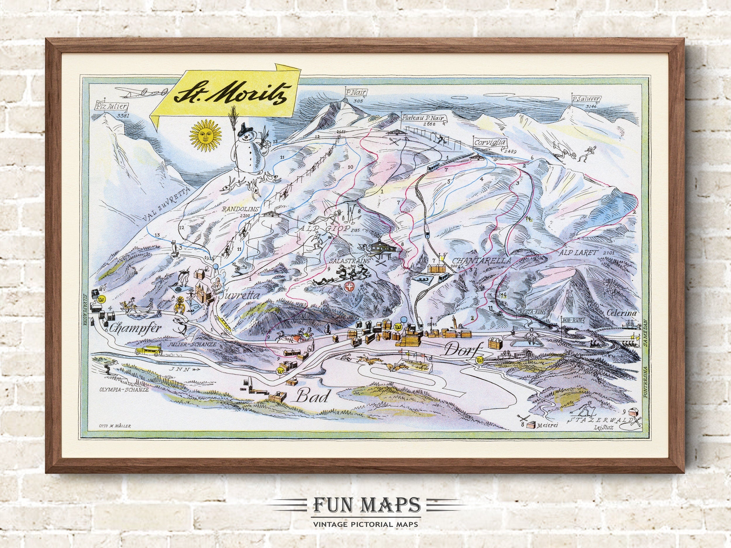 Fun Ski Run Trail Map of St Moritz in the Swiss Alps, Switzerland