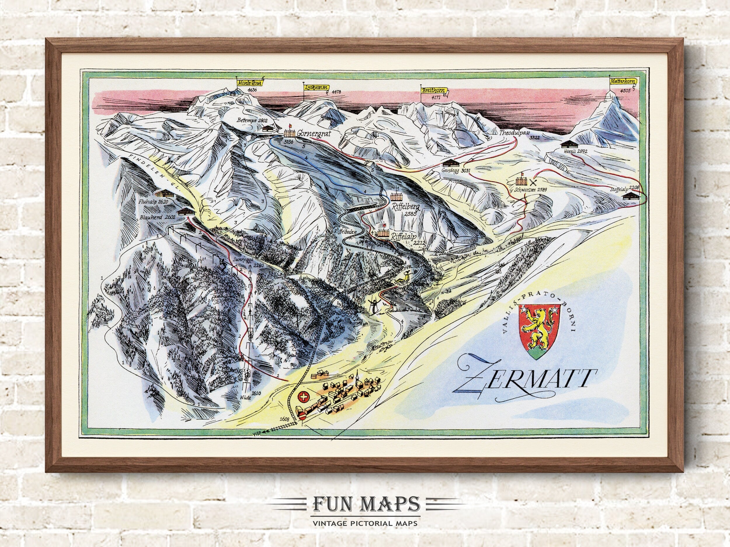 Fun Ski Run Trail Map of Zermatt in the Swiss Alps, Switzerland,