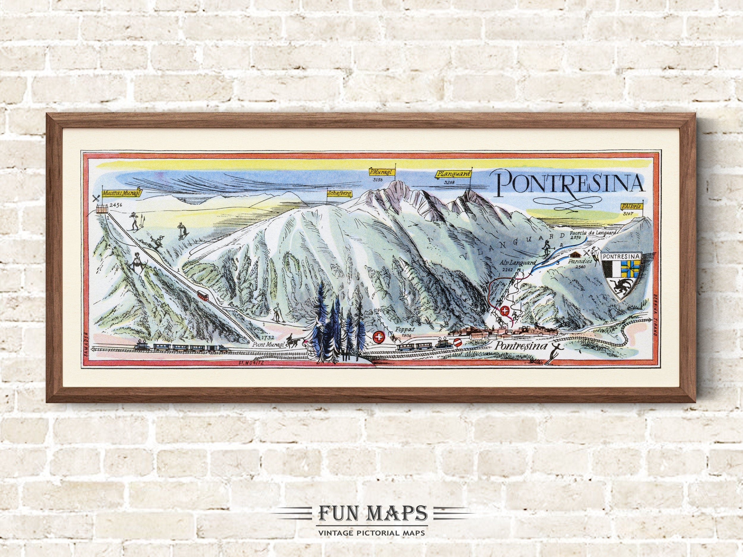 Fun Ski Run Trail Map of Pontresina in the Swiss Alps, Switzerland