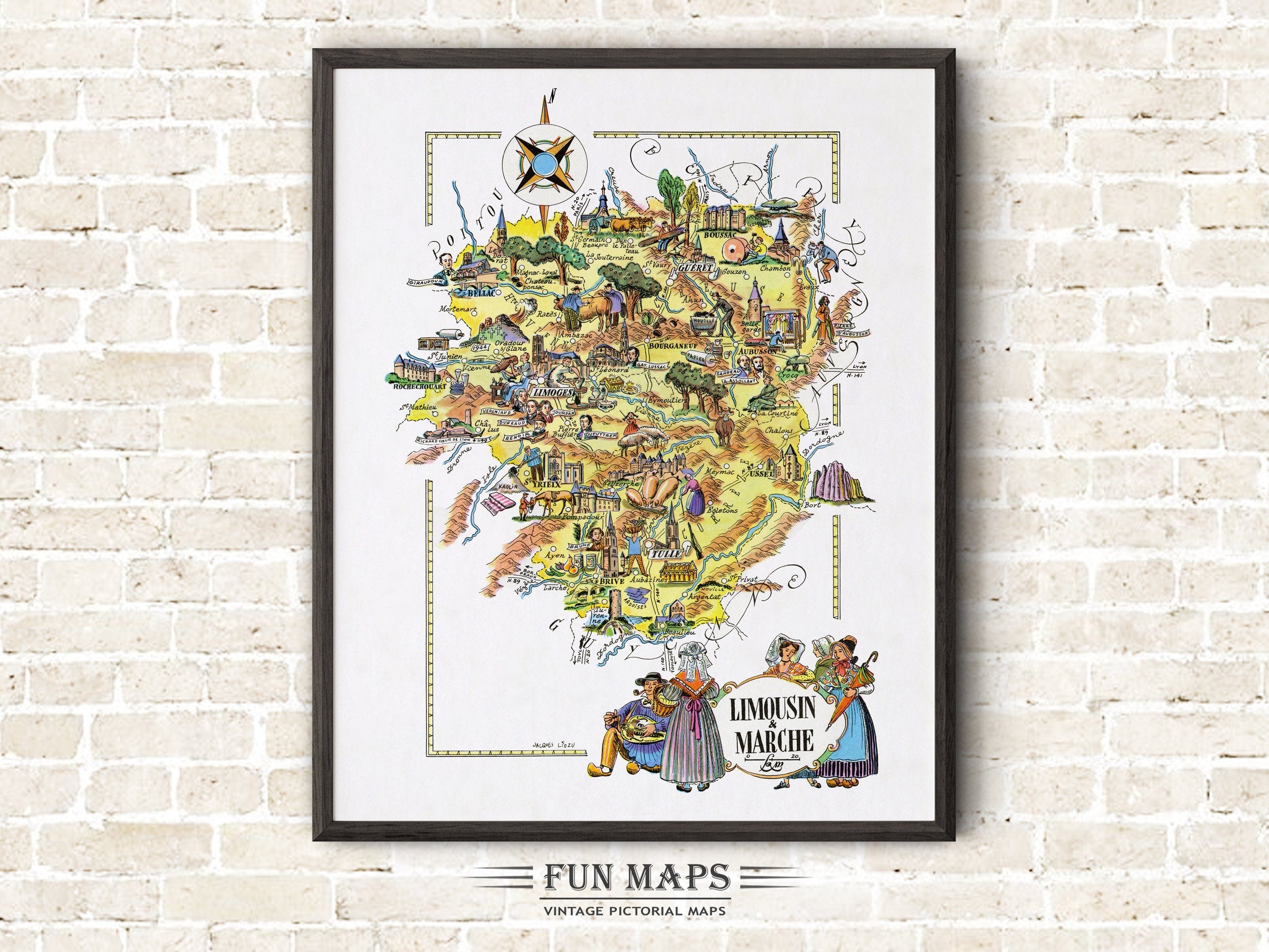 Fun Map of Limousin & Marche a French Province, France, FR