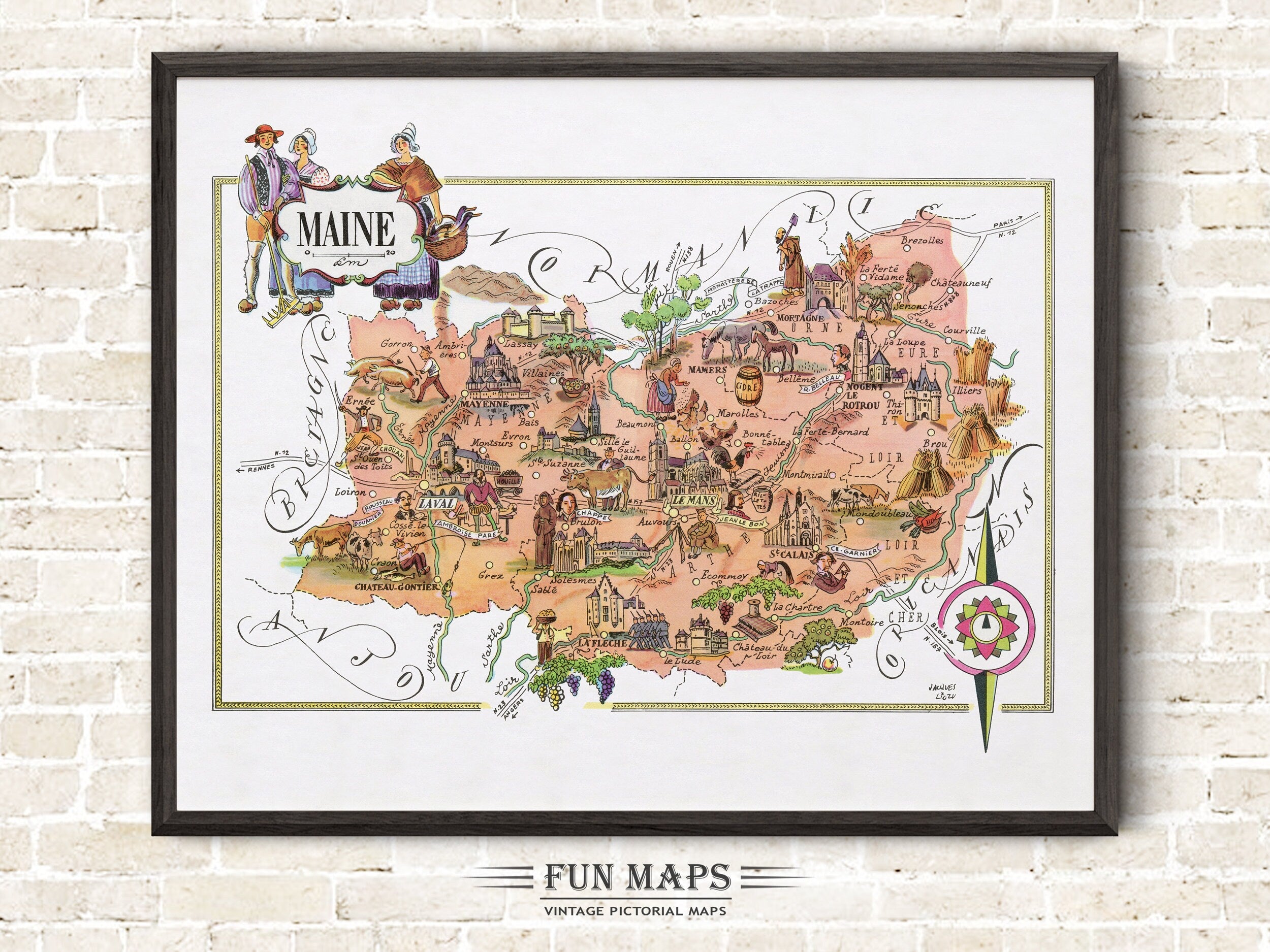 Fun Map of Maine a French Province, France, FR