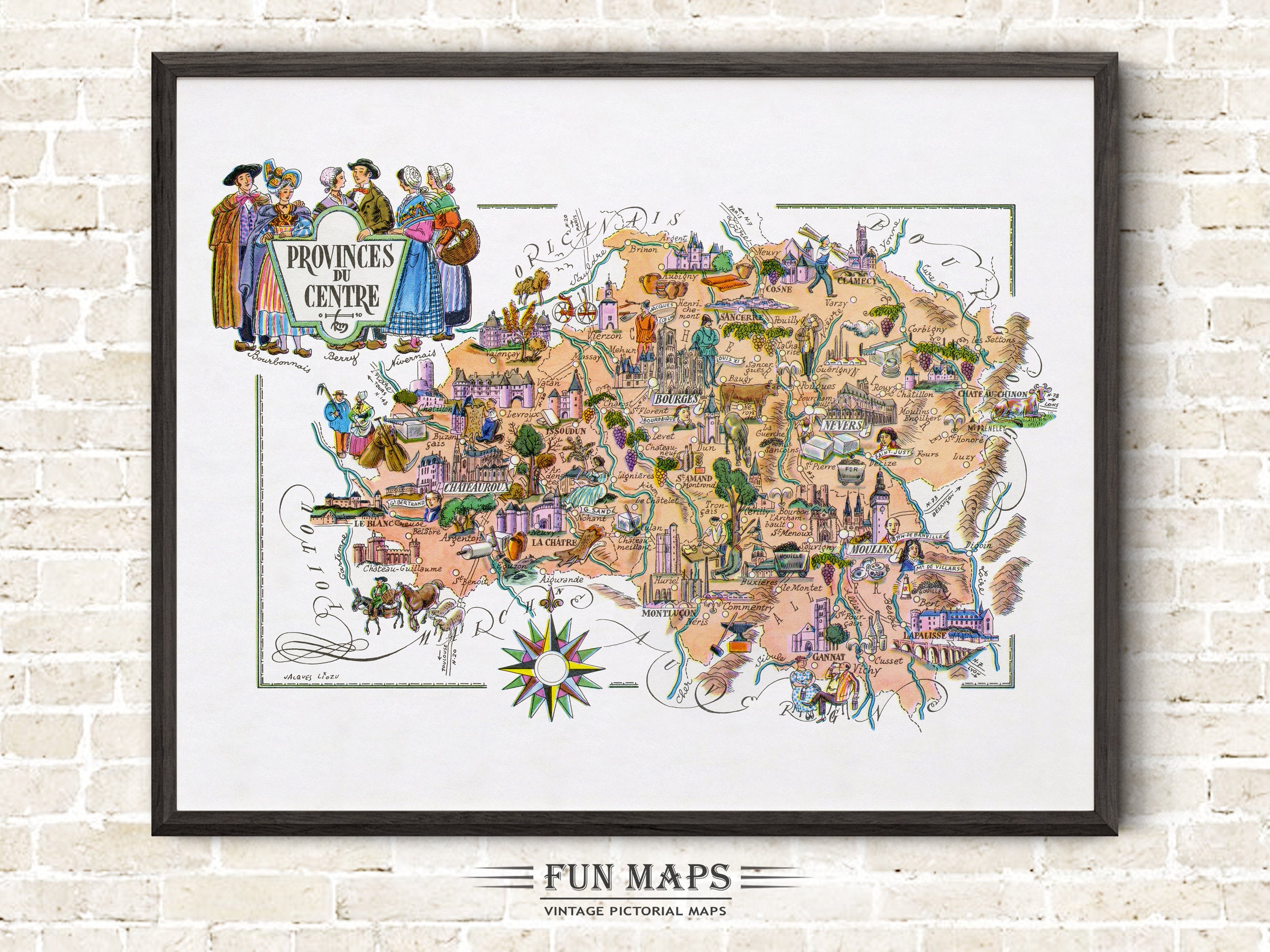 Fun Map of Provinces Du Centre a French Province, France, FR