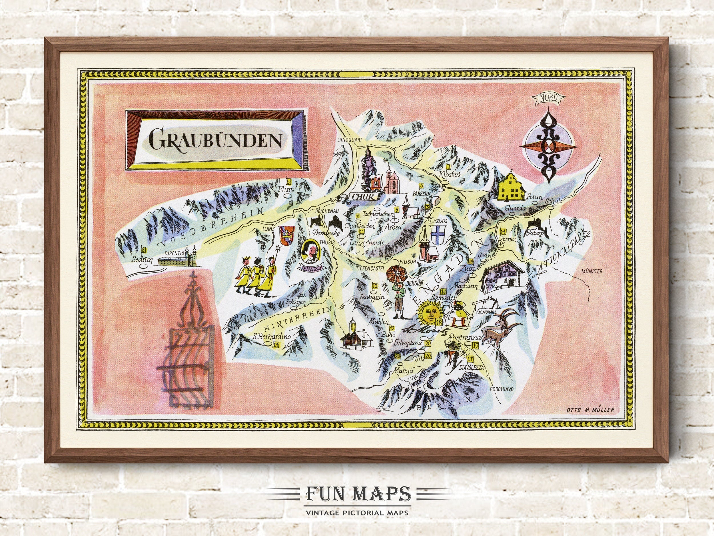 Fun Ski Run Trail Map of Graubunden in the Swiss Alps, Switzerland