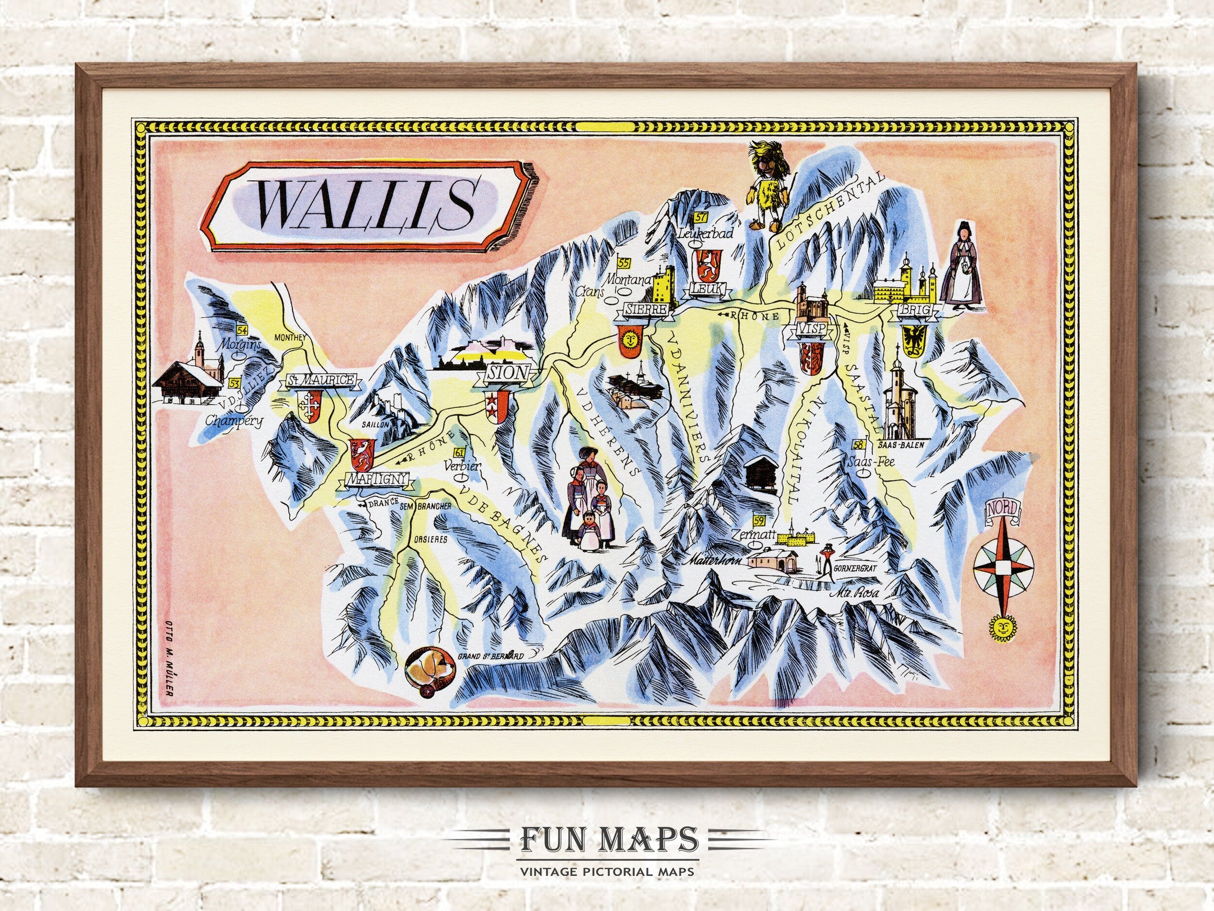 Fun Ski Run Trail Map of Wallis in the Swiss Alps, Switzerland