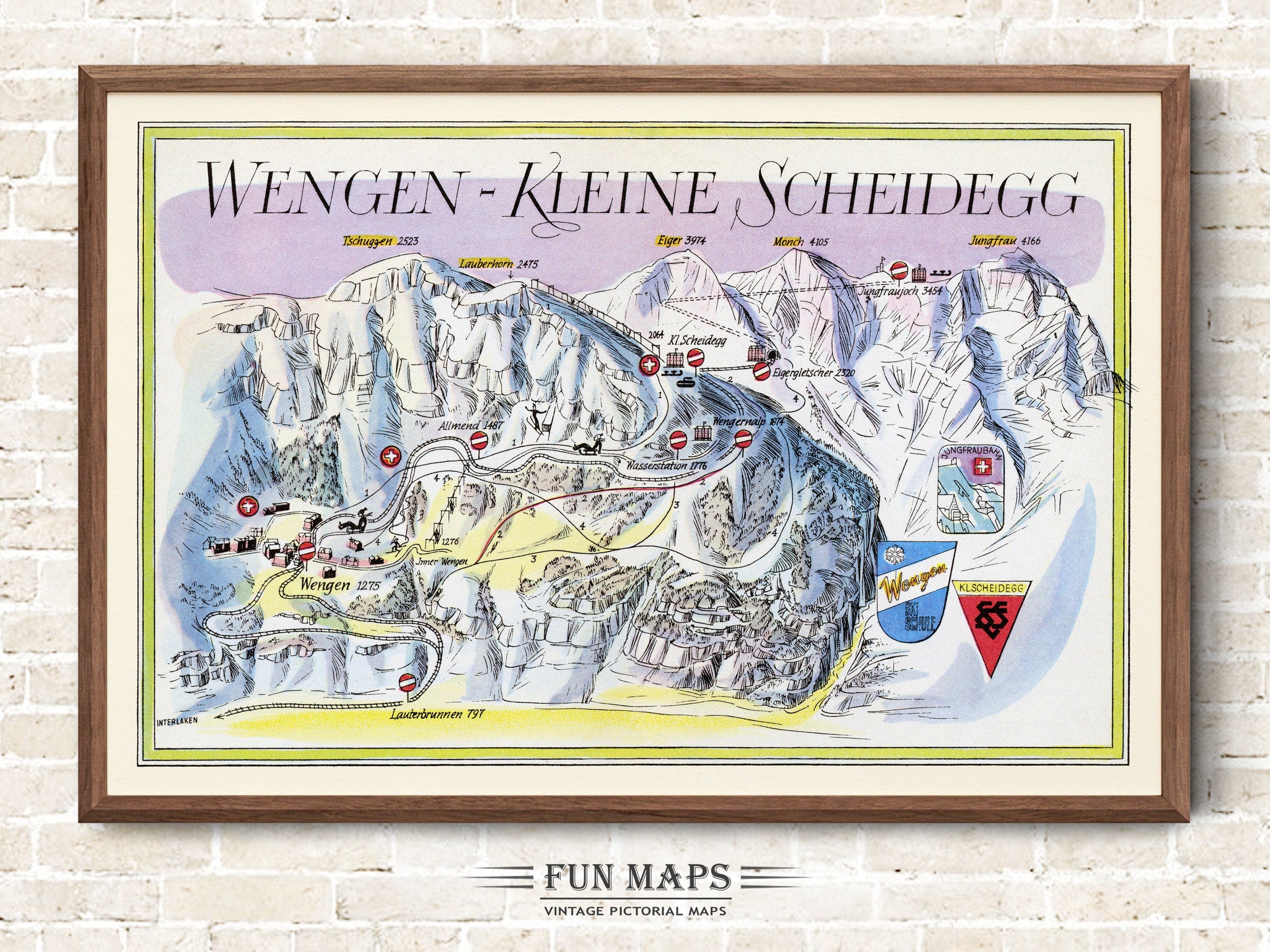 Fun Ski Run Trail Map of Wengen-Kleine Scheidegg in the Swiss Alps, Switzerland