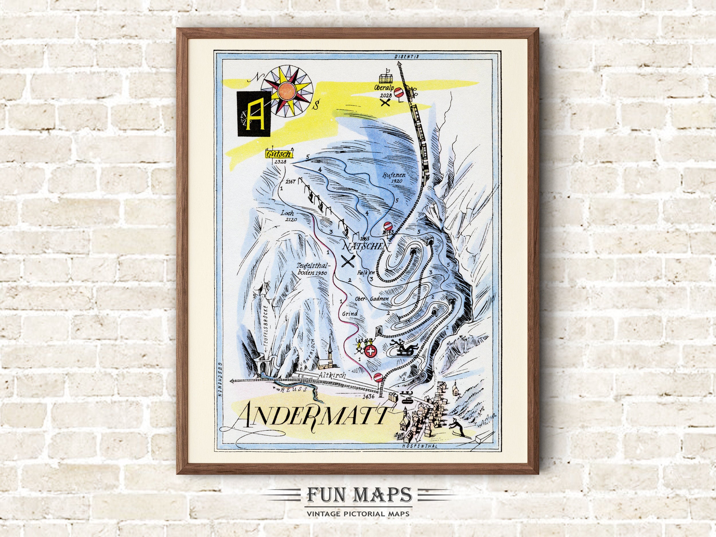 Fun Ski Run Trail Map of Andermatt in the Swiss Alps, Switzerland,